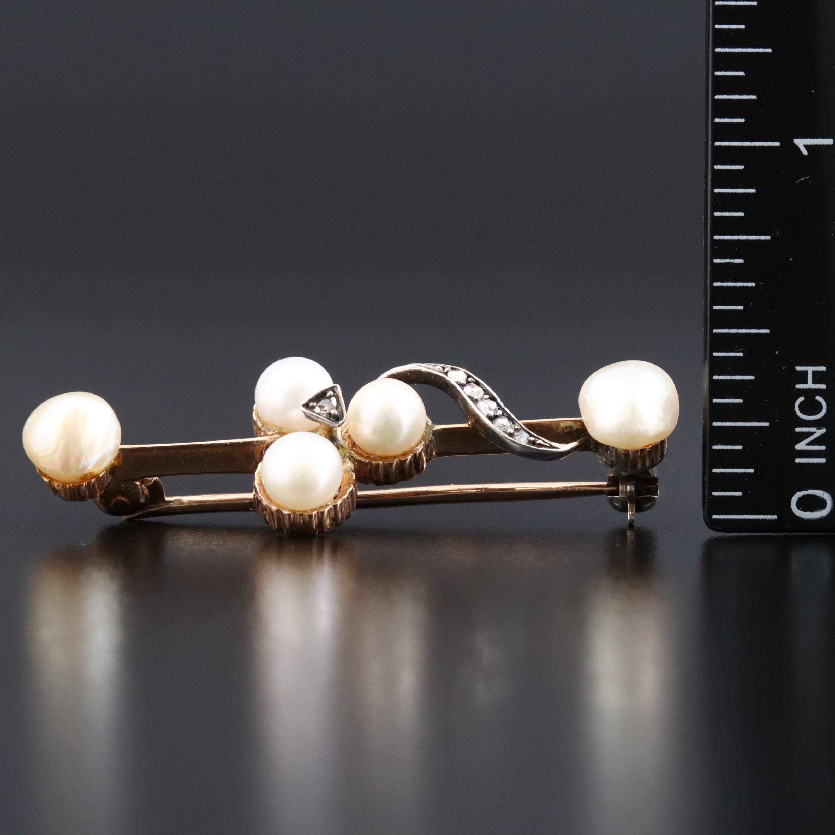 Antique 14K Pearl and Diamond Bar Brooch with Sterling Accent