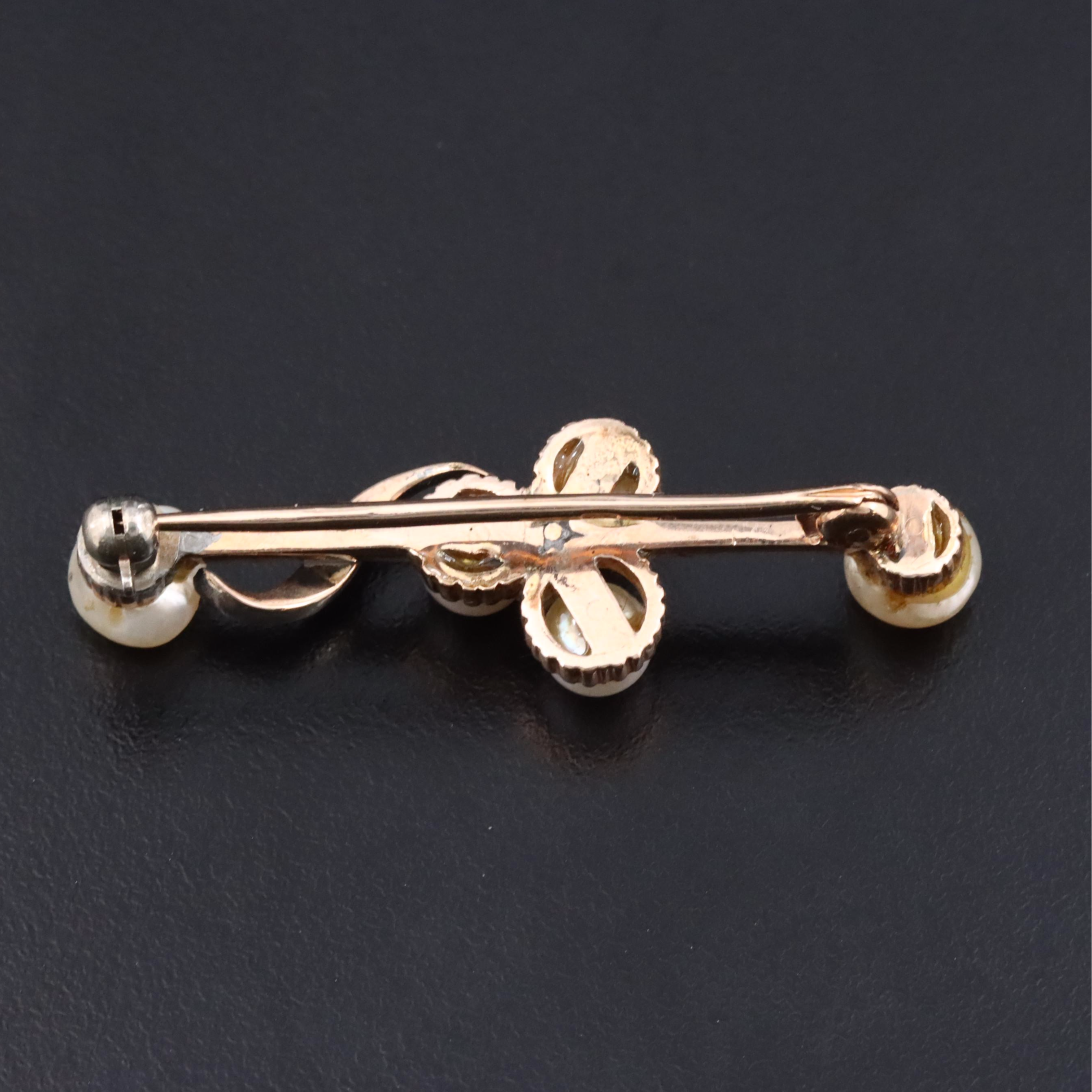 Antique 14K Pearl and Diamond Bar Brooch with Sterling Accent