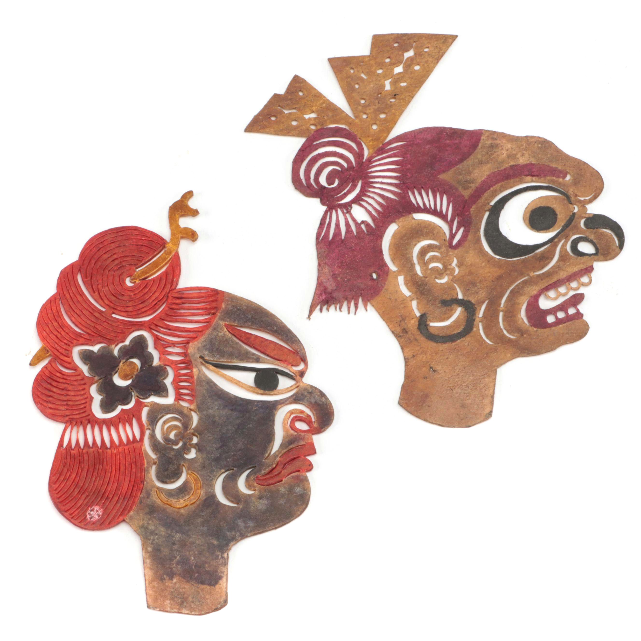 Chinese Elderly Lady and Grotesque Figure Painted Vellum Shadow Puppet Heads