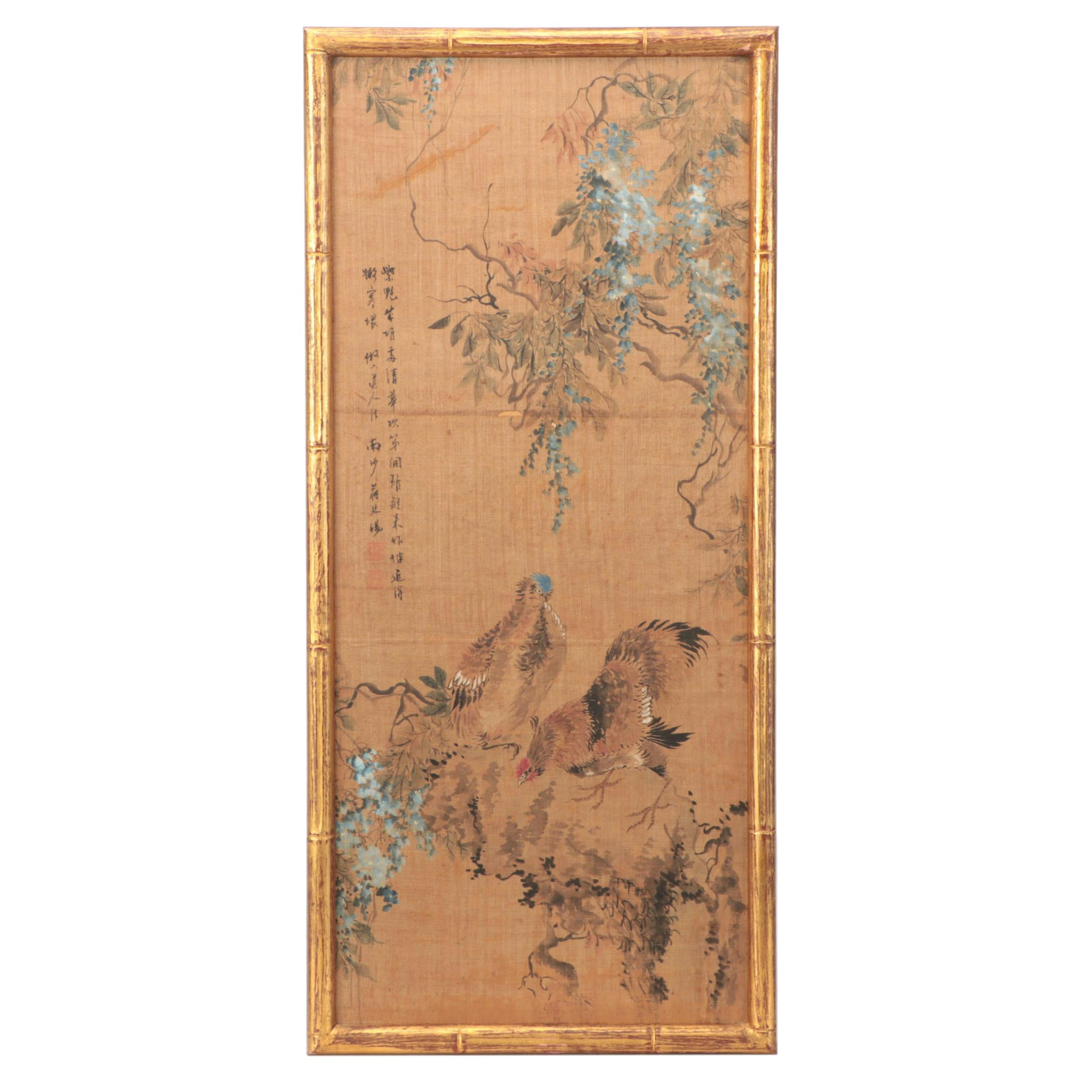 Antique Chinese Qing Dynasty Huaniaohua Painting on Silk