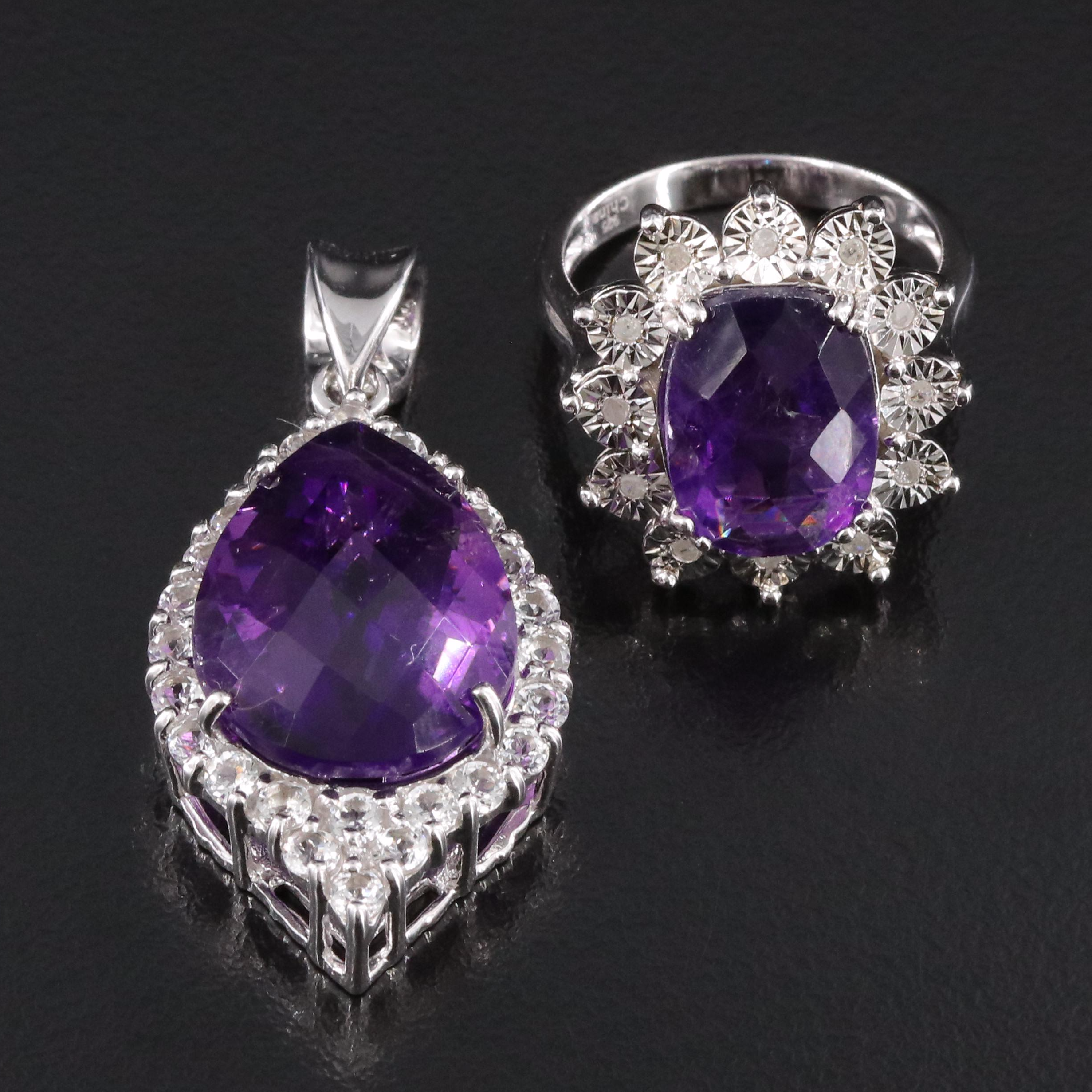 Sterling Amethyst, White Topaz and Diamond Ring and Pendant