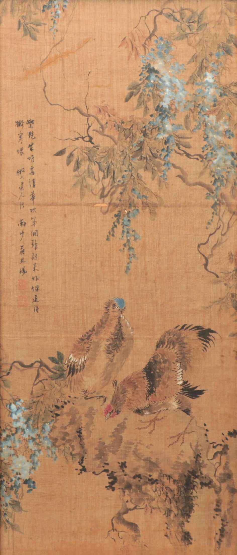 Antique Chinese Qing Dynasty Huaniaohua Painting on Silk