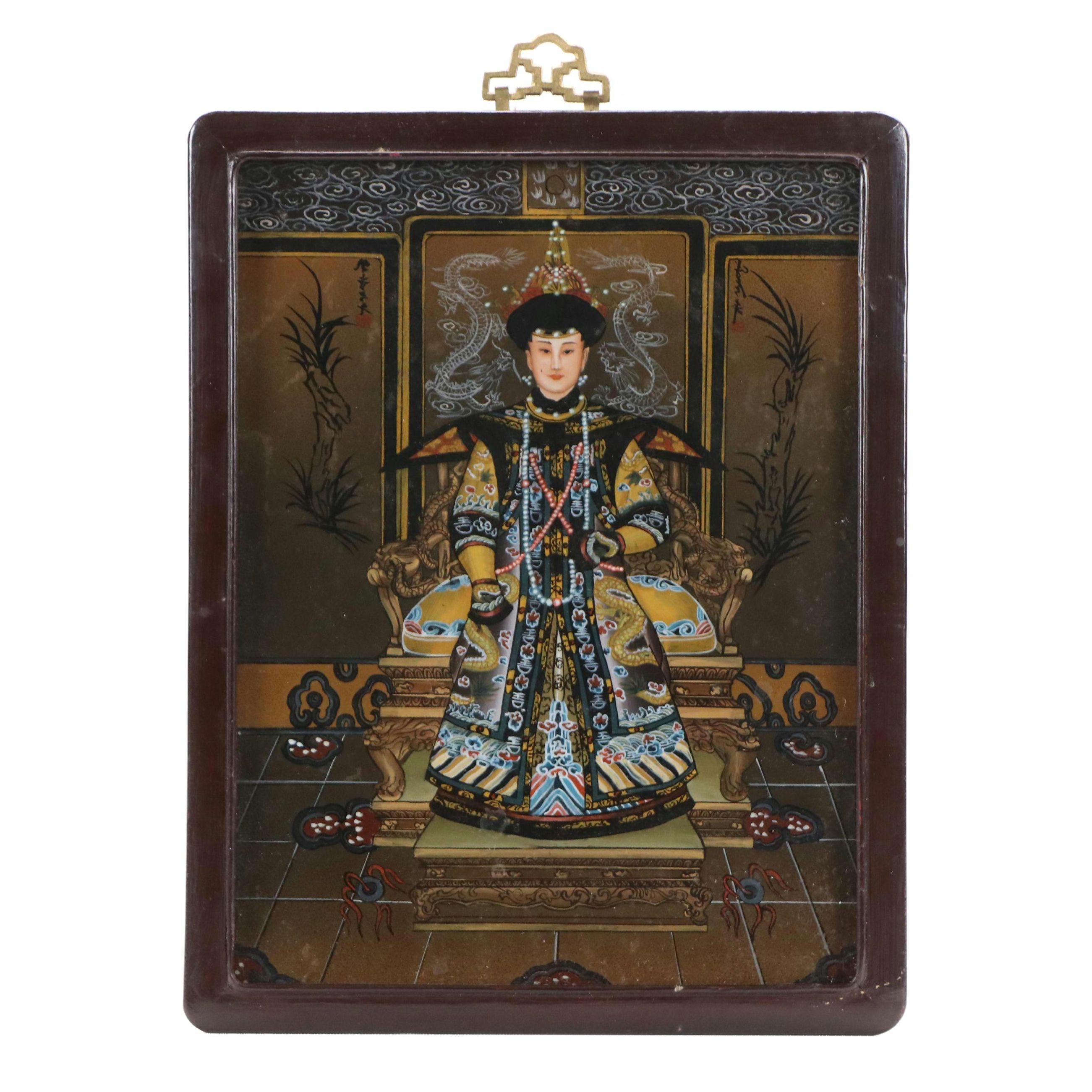Chinese Ancestor Portrait Reverse Glass Painting of Empress, 20th Century