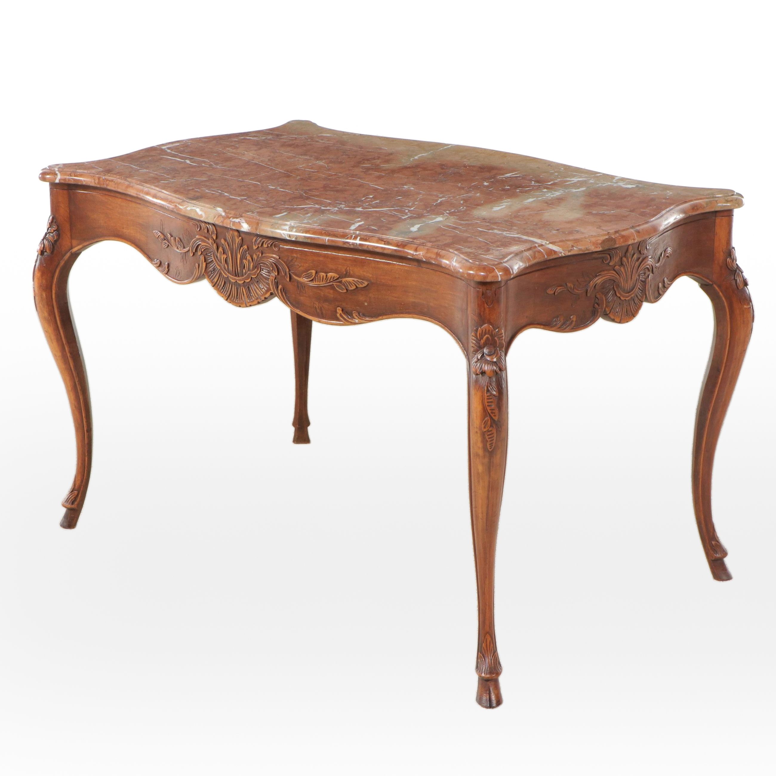 Louis XV Style Carved Walnut Console Table with Pink Marble Top