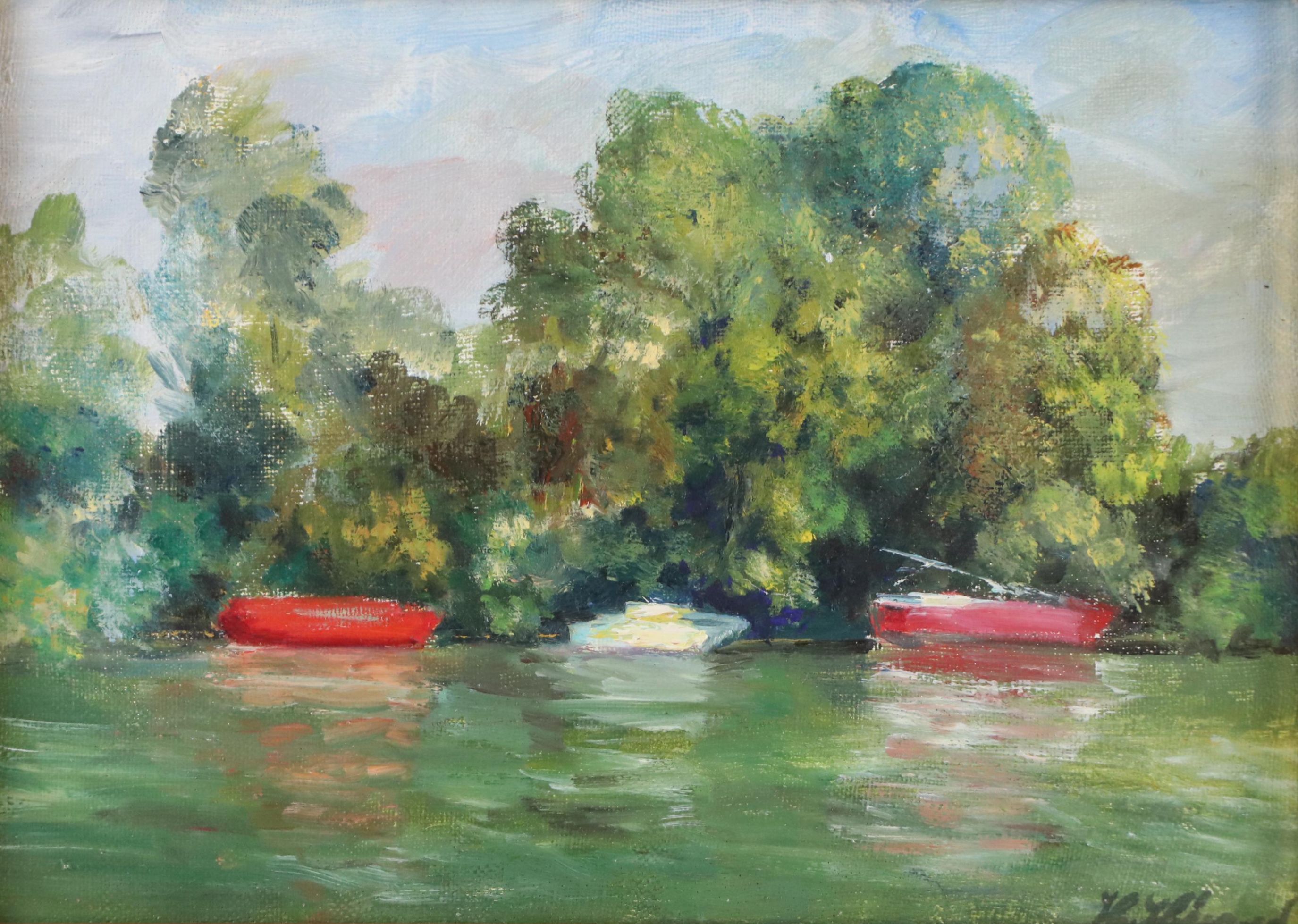 H. Heraud Impressionist Style Oil Painting "Des Bords de Seine"
