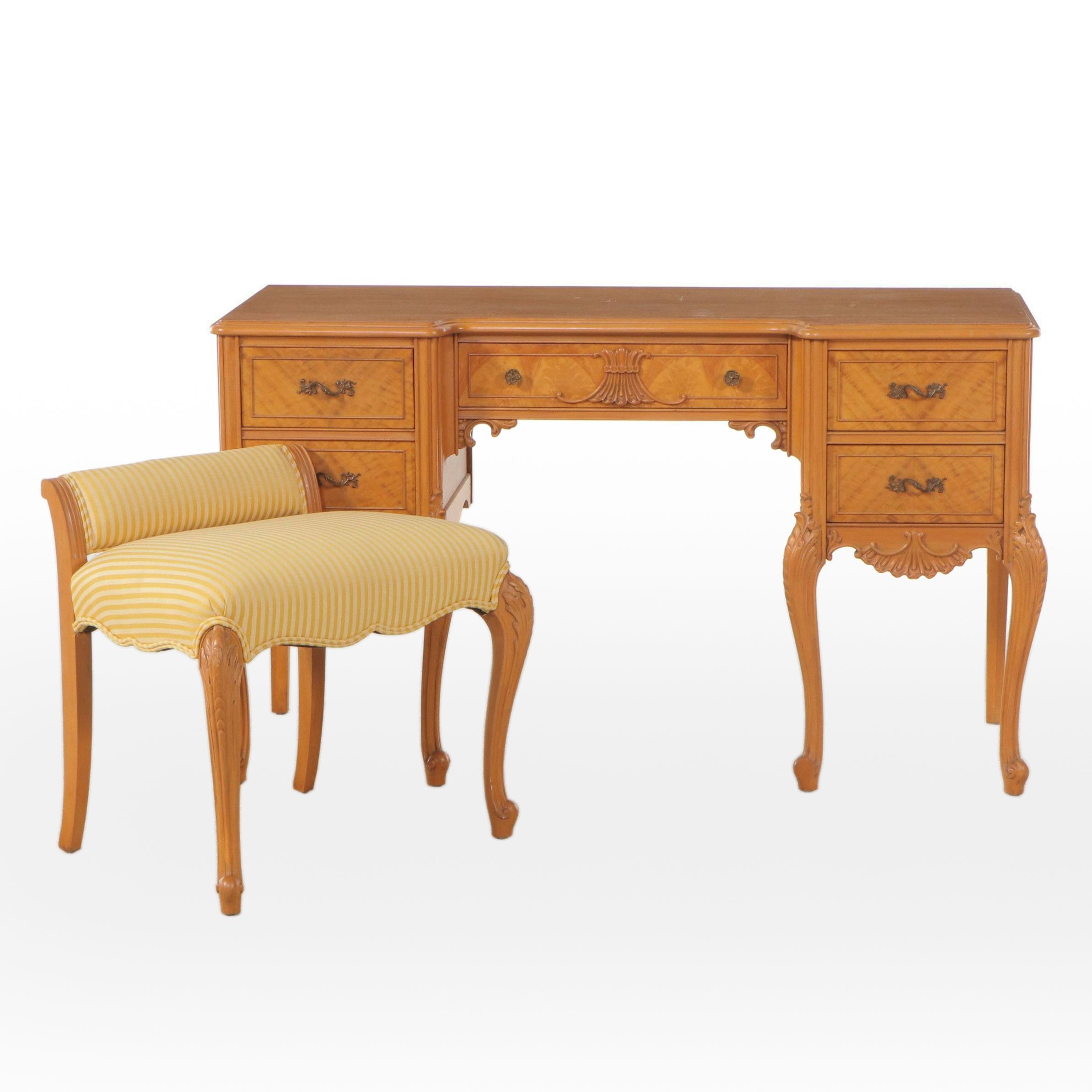 Louis XV Style Vanity Table with Upholstered Stool