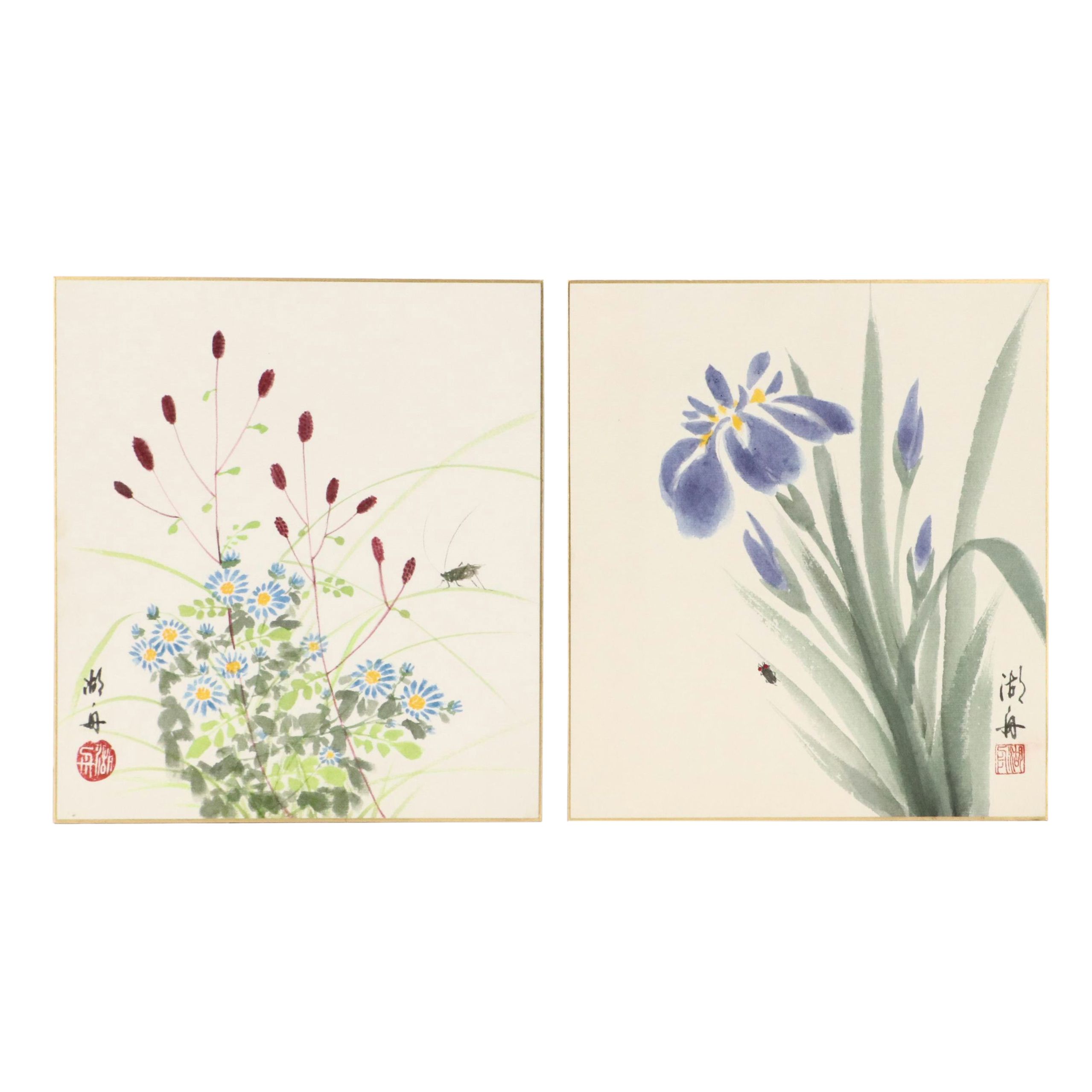 East Asian Watercolor Paintings of Seasonal Flowers, 20th or 21st Century