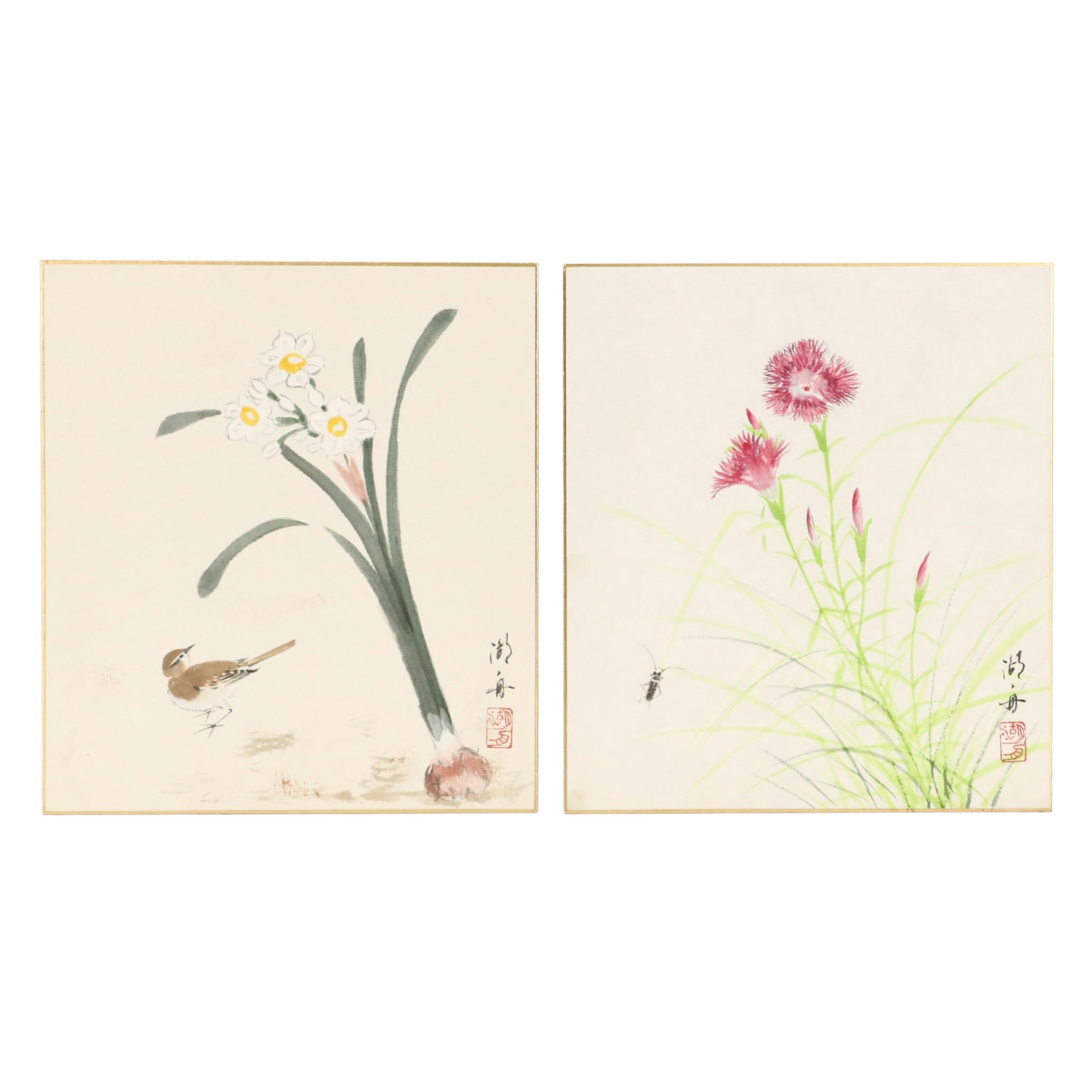 East Asian Watercolor Paintings of Seasonal Flowers, 20th or 21st Century