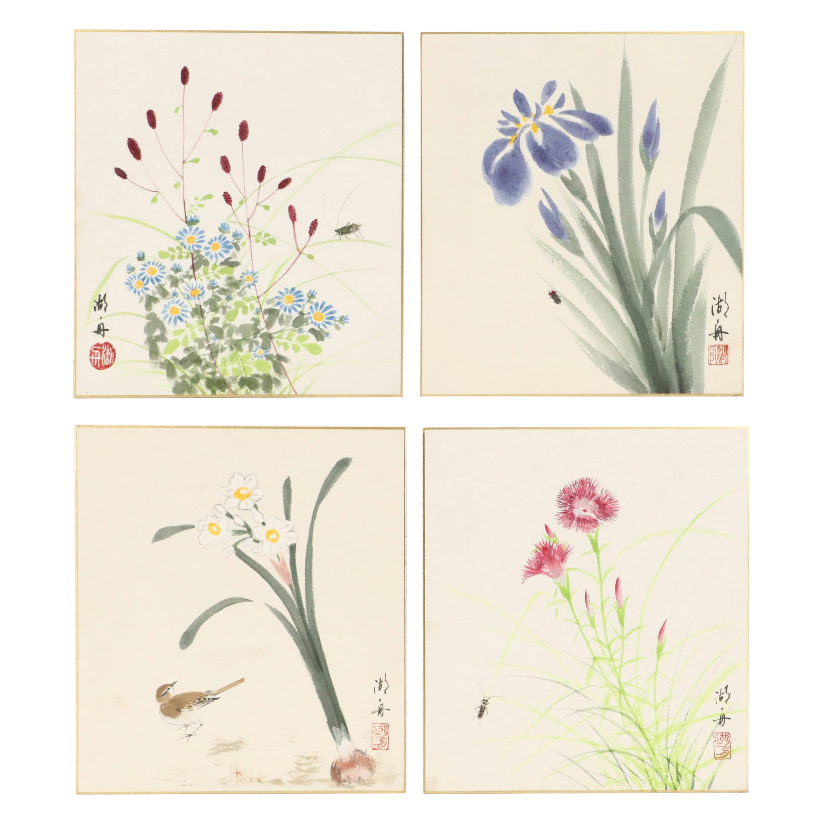 East Asian Watercolor Paintings of Seasonal Flowers, 20th or 21st Century