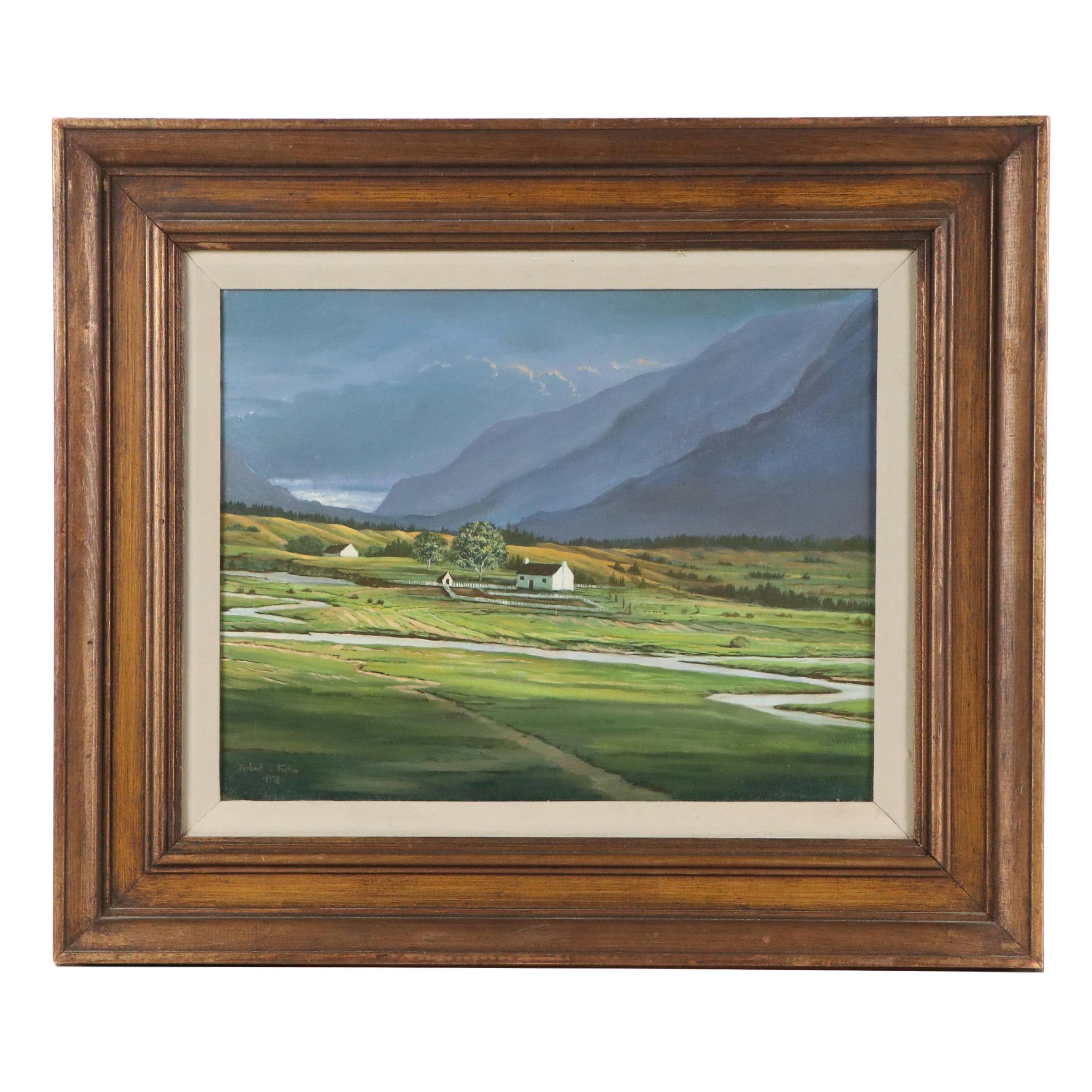 Robert L. Foster Landscape Oil Painting with Farmland and Mountains, 1978