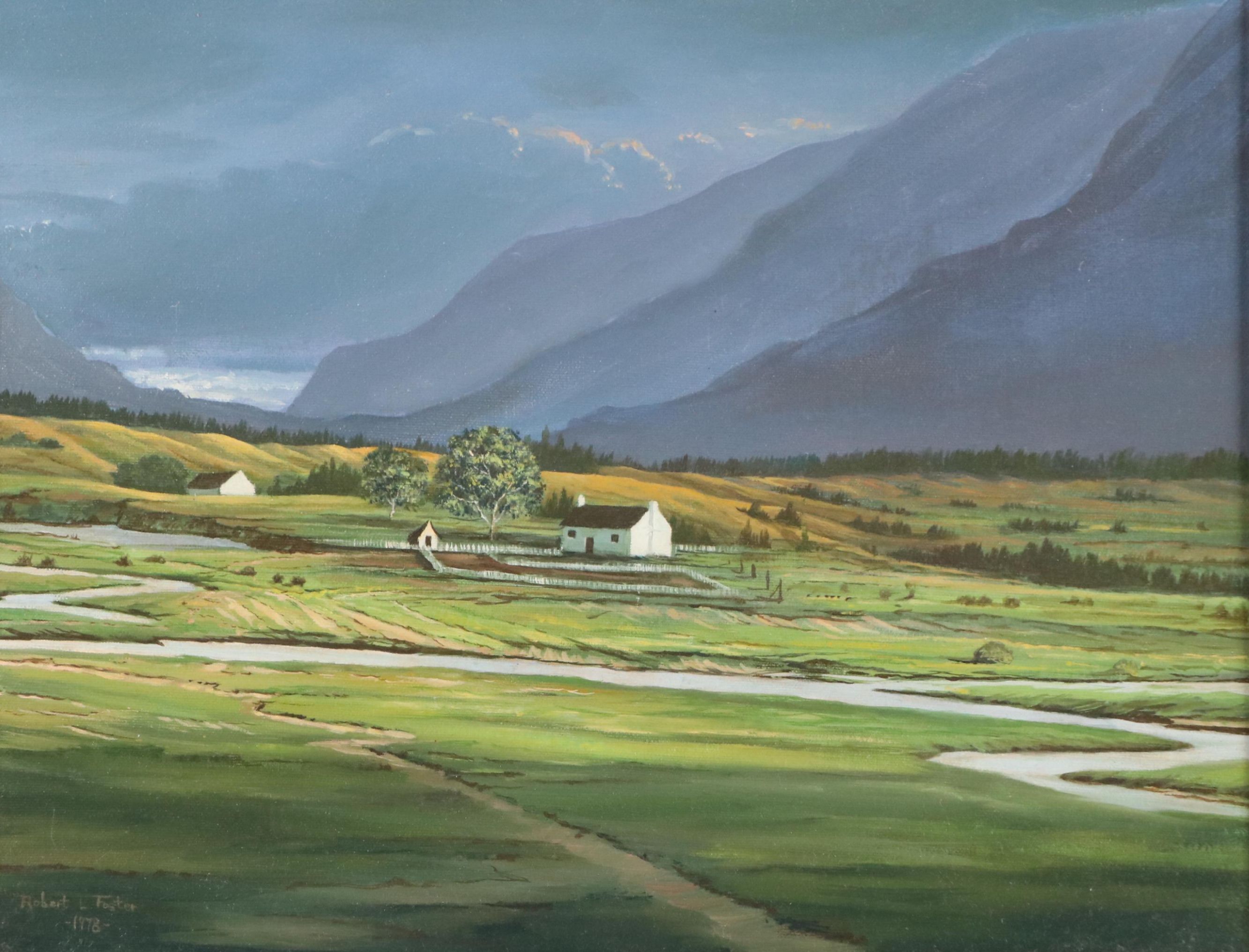 Robert L. Foster Landscape Oil Painting with Farmland and Mountains, 1978