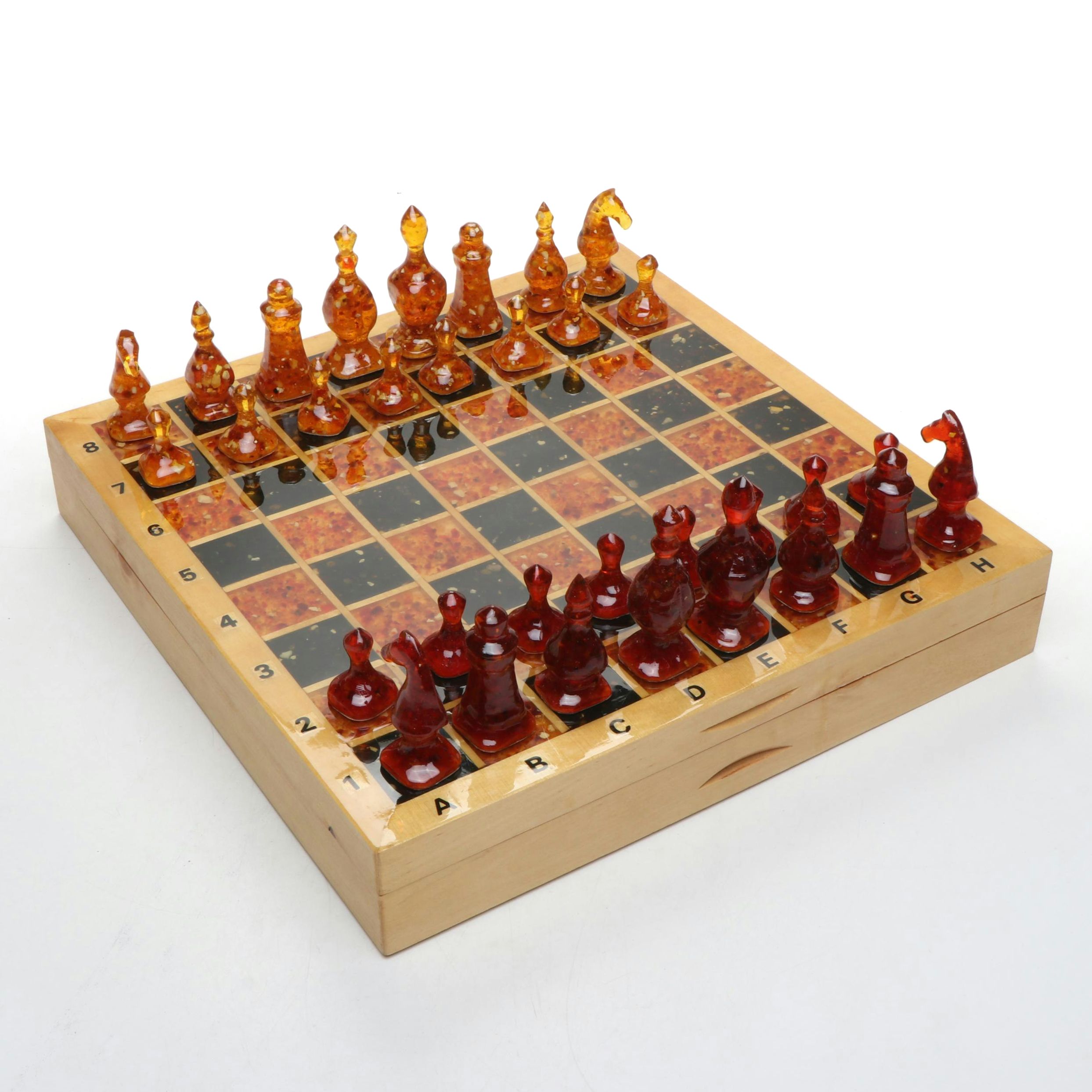 Wooden Chess Board with Black and Amber Resin Pieces