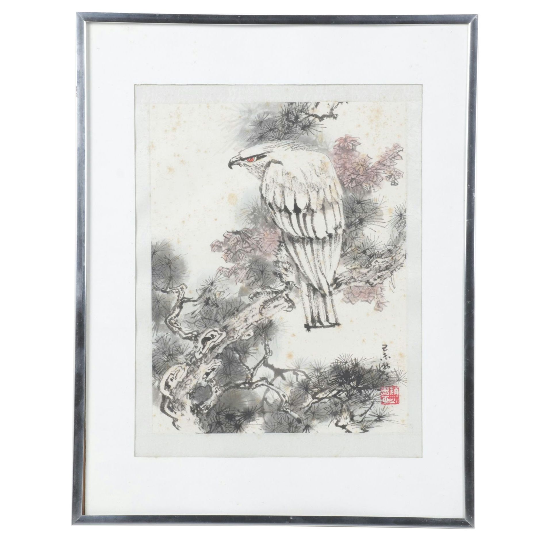 Chinese Watercolor Painting of a Perched Wedge-Tail Eagle, Mid-Late 20th Century