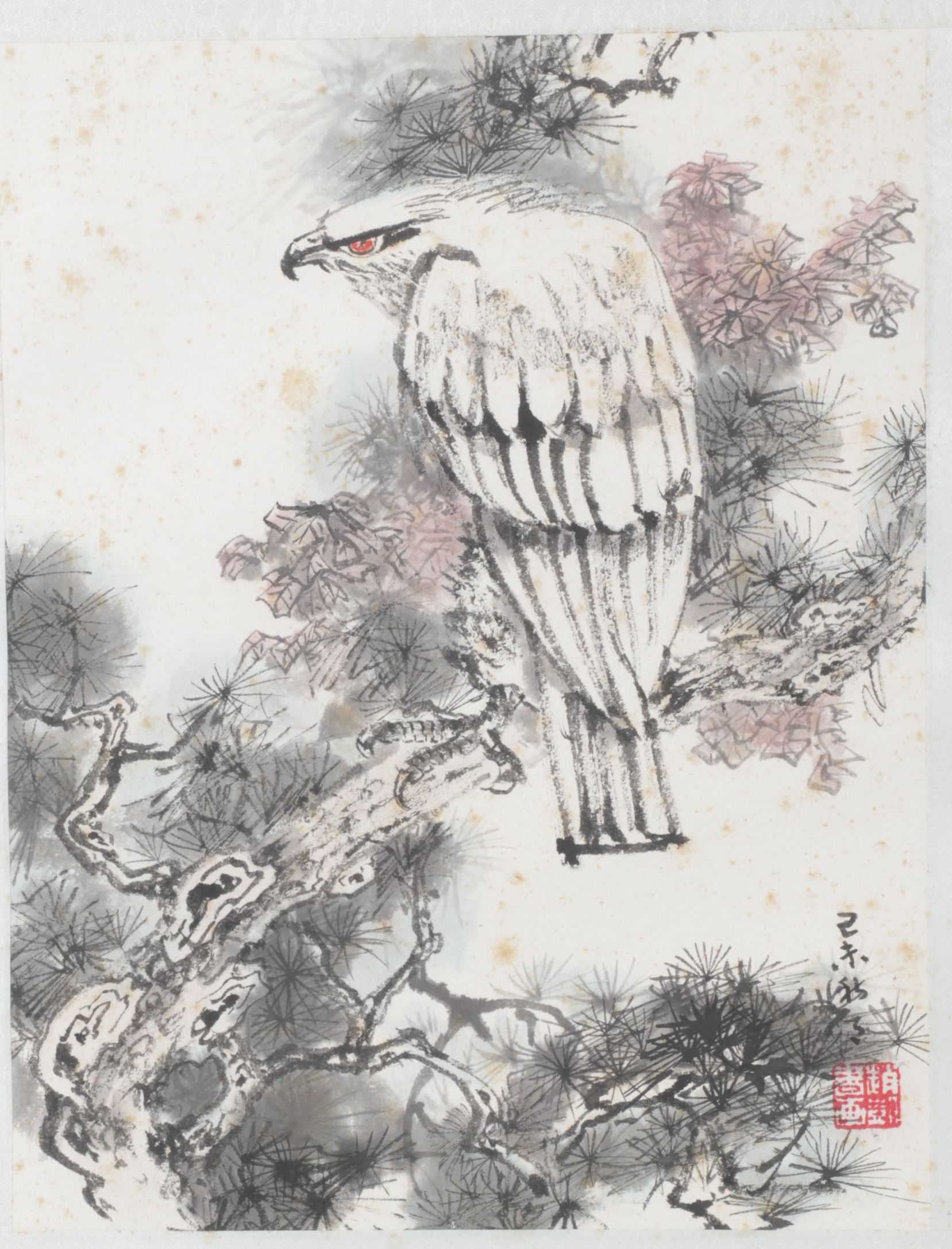 Chinese Watercolor Painting of a Perched Wedge-Tail Eagle, Mid-Late 20th Century