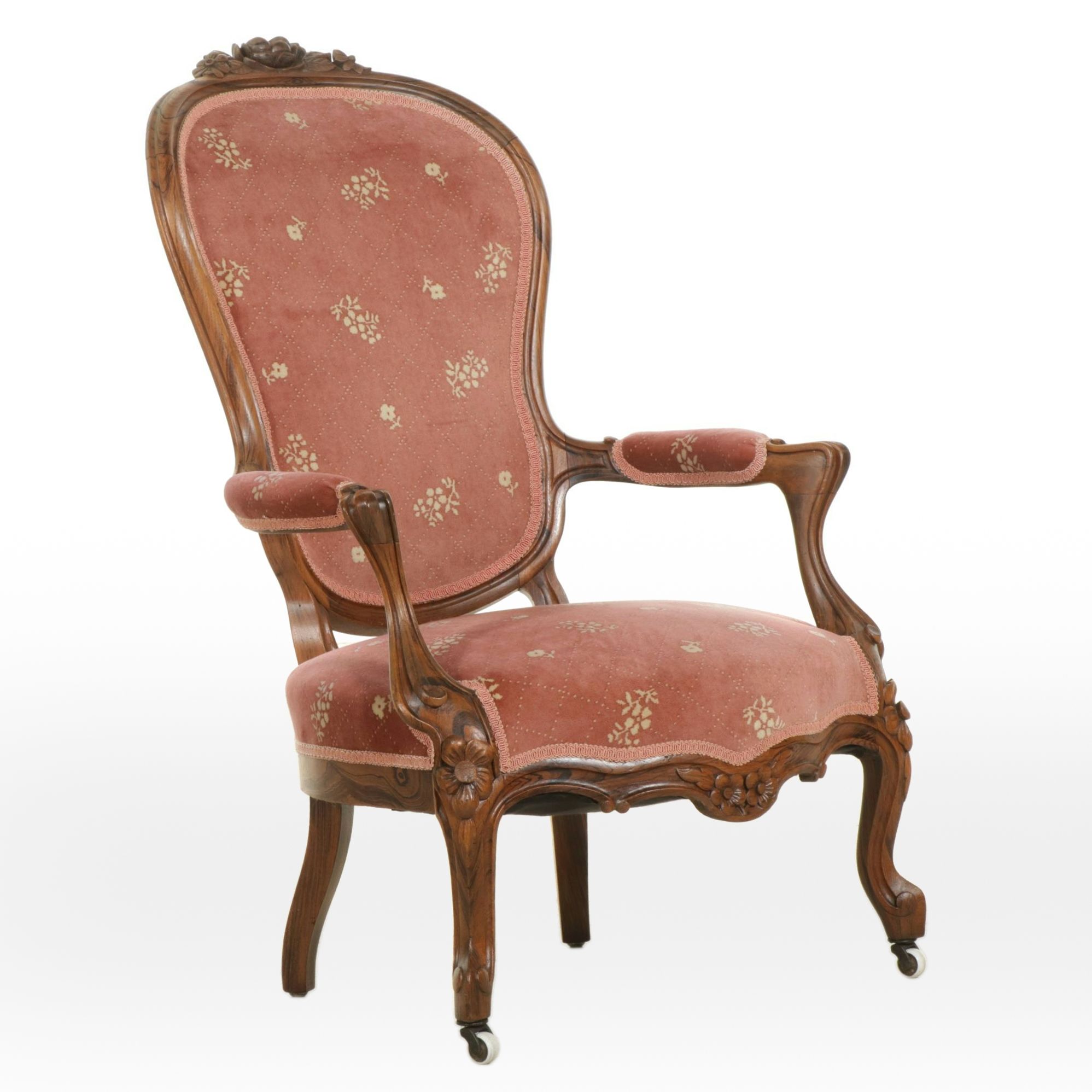 Victorian Carved Rosewood Upholstered Armchair, Early 20th Century