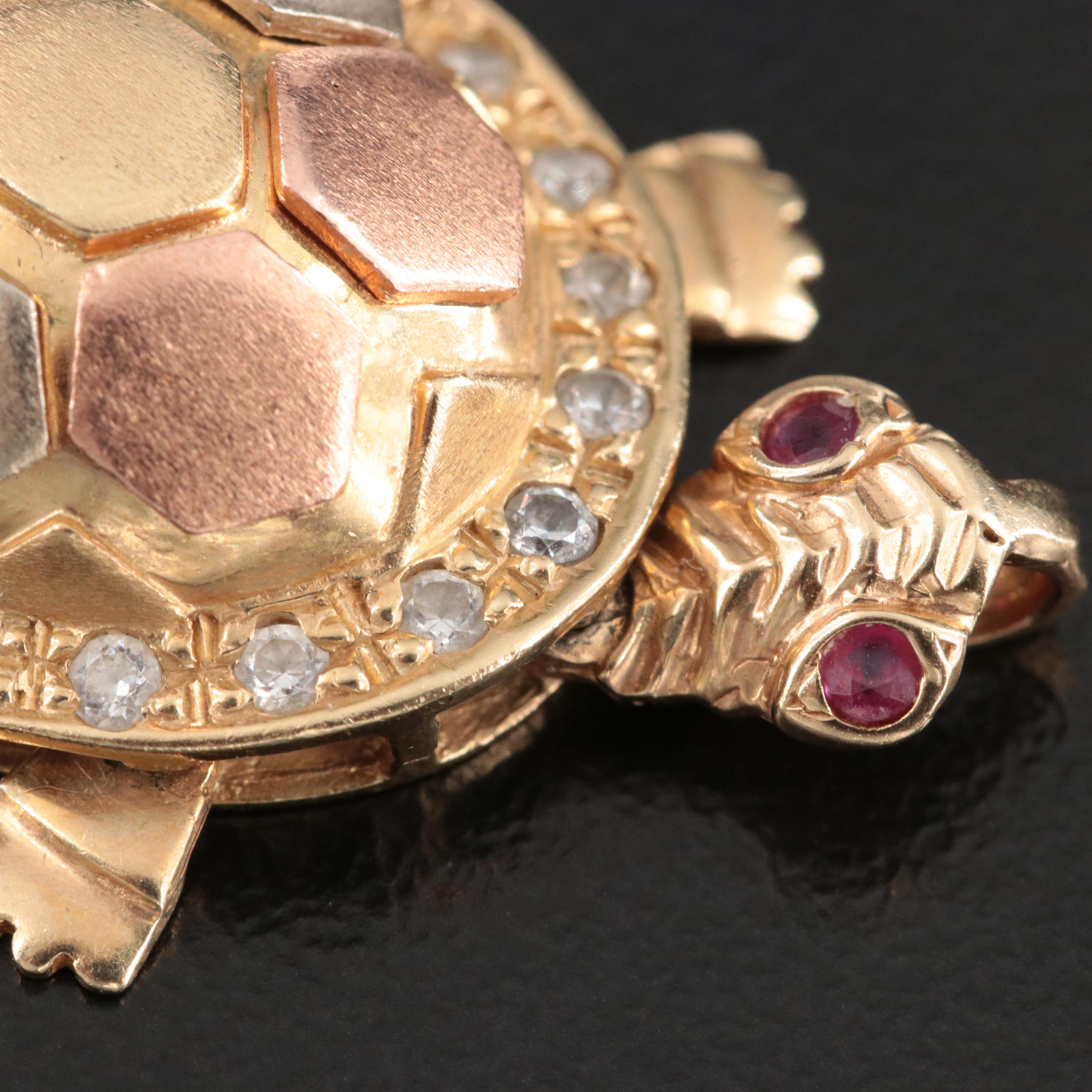 Articulated 14K Tri-Color CZ and Ruby Turtle Pendant