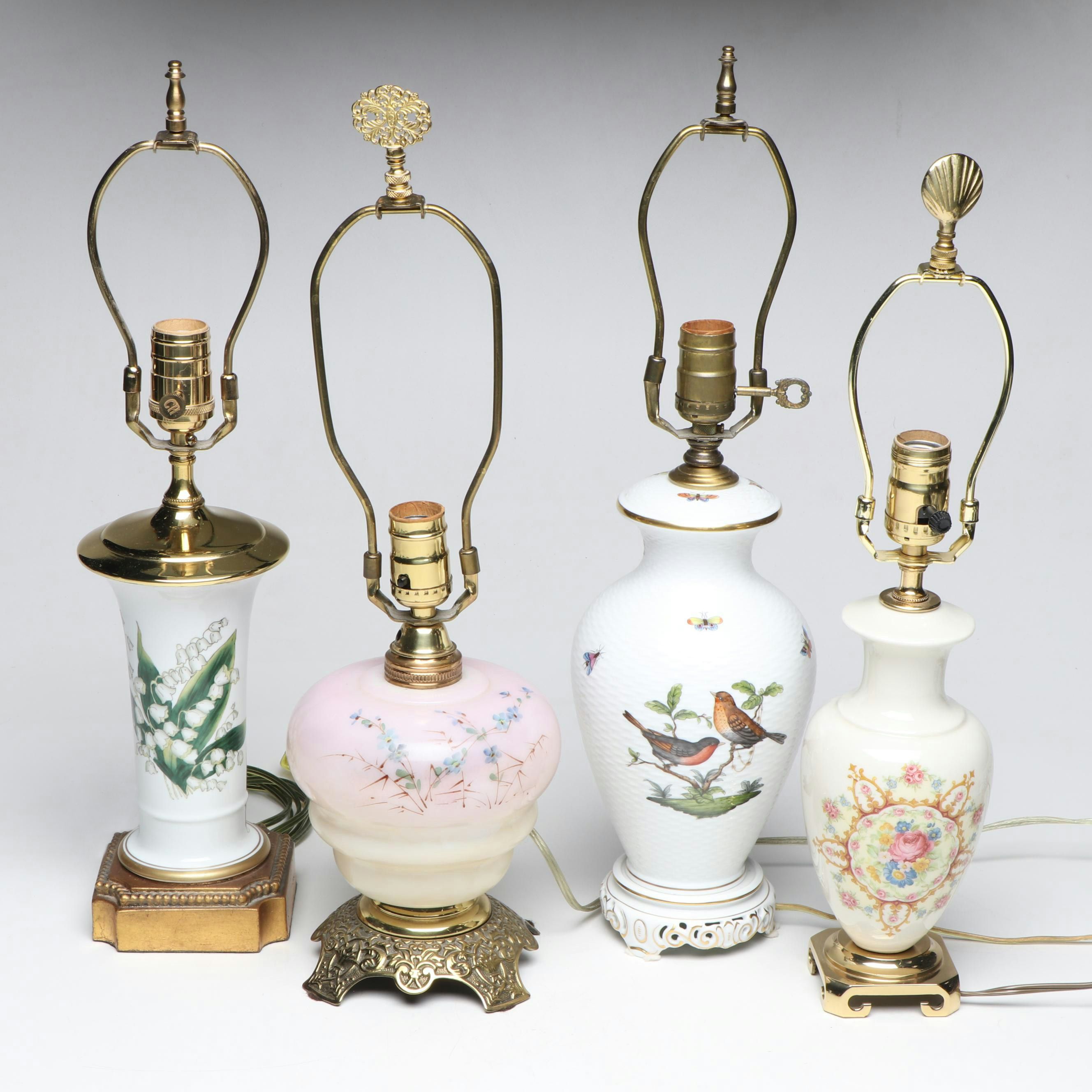 Chelsea House, Herend, and Other Floral Porcelain and Glass Table Lamps