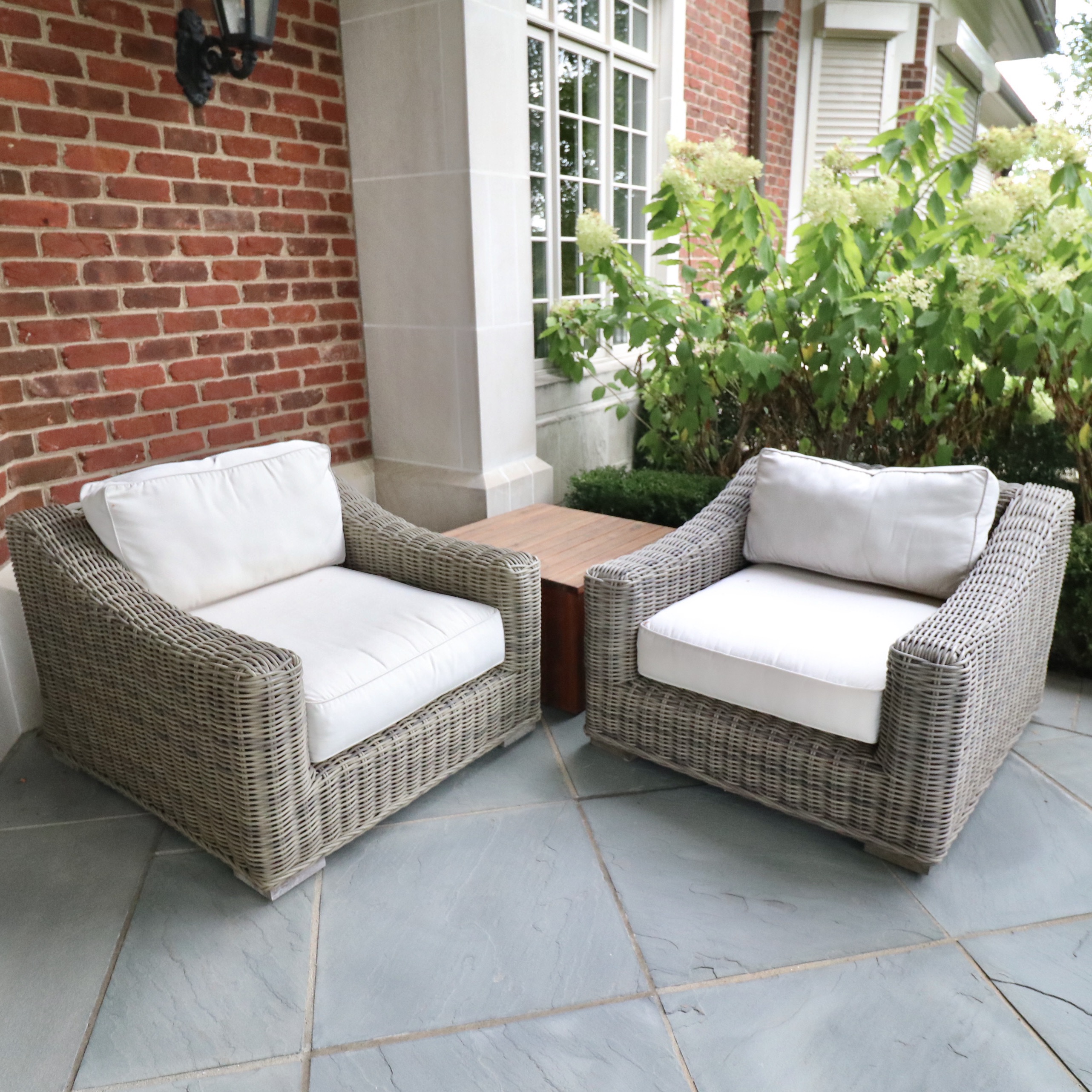 Restoration Hardware PE Rattan Outdoor Lounge Chairs and Reclaimed Wood Table