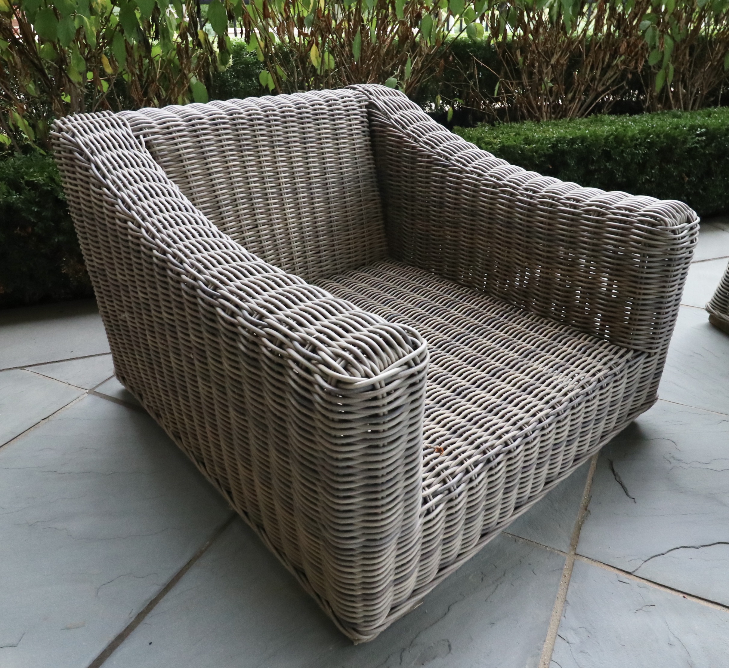 Restoration Hardware PE Rattan Outdoor Lounge Chairs and Reclaimed Wood Table
