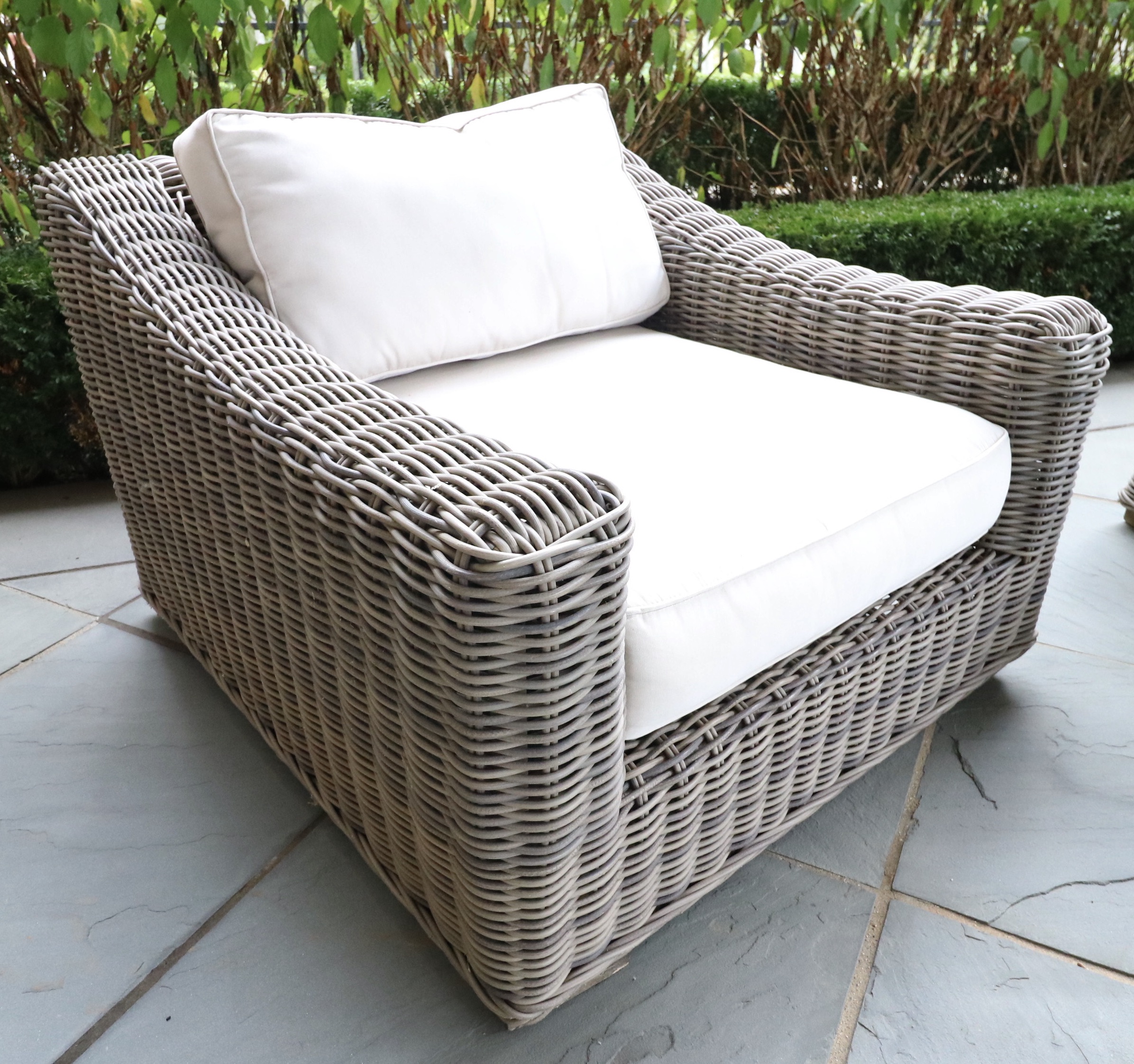 Restoration Hardware PE Rattan Outdoor Lounge Chairs and Reclaimed Wood Table
