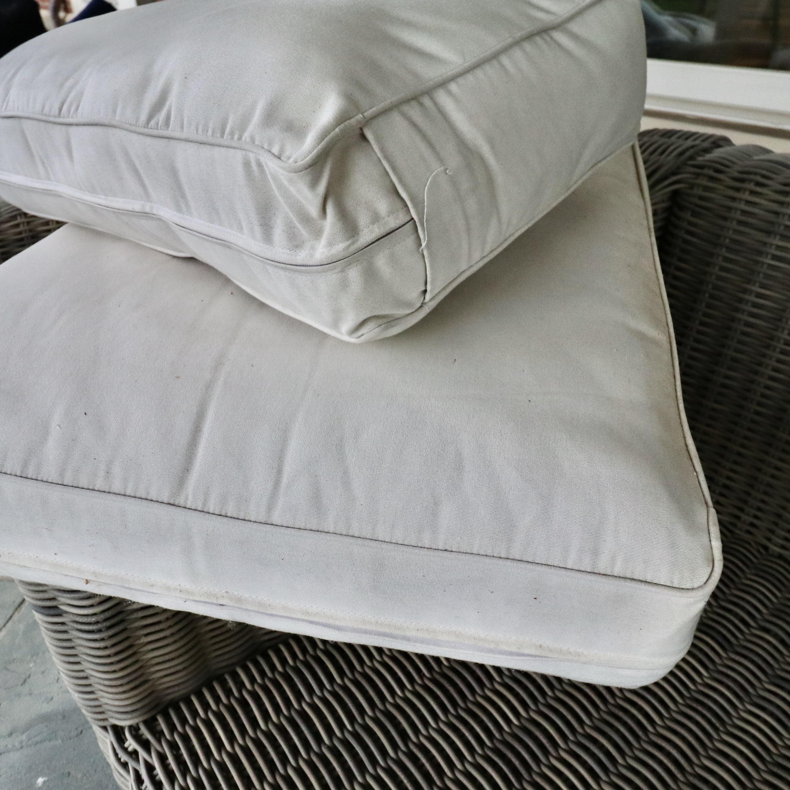 Restoration Hardware PE Rattan Outdoor Lounge Chairs and Reclaimed Wood Table