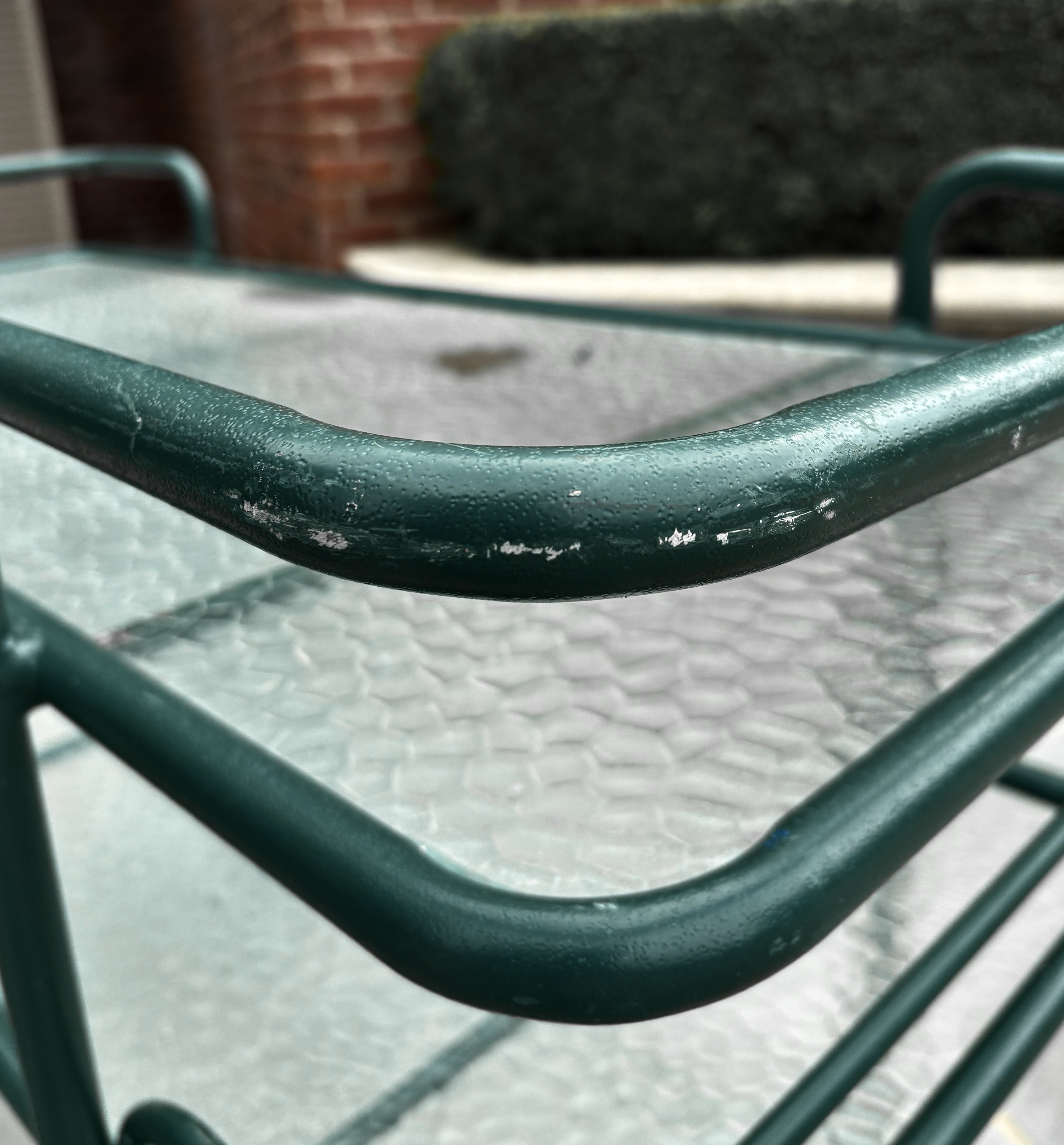 Pair of Hunter Green Tubular Metal Serving Carts with Textured Glass Shelves