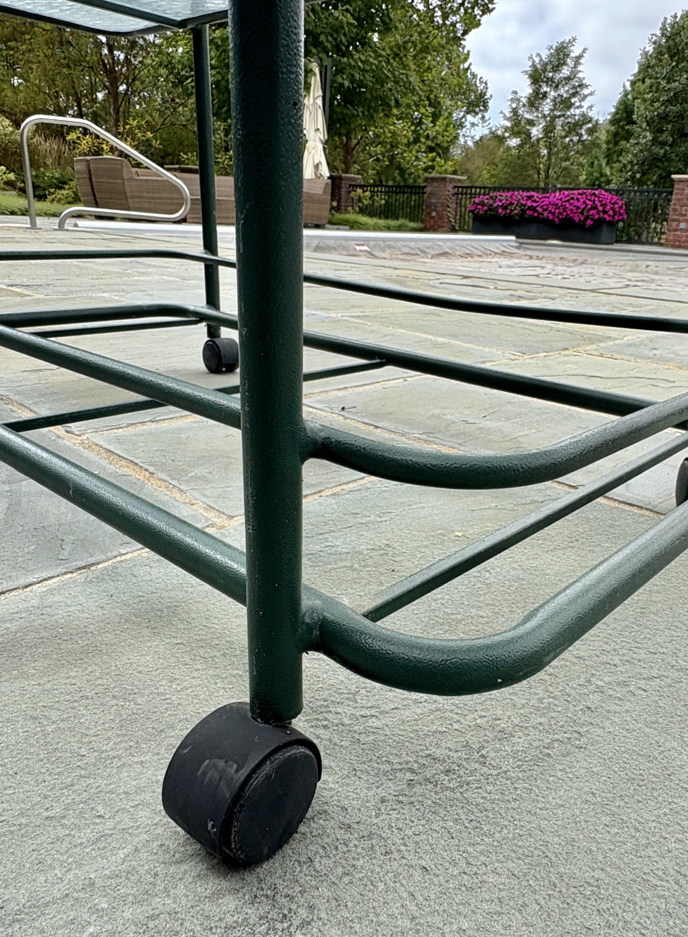 Pair of Hunter Green Tubular Metal Serving Carts with Textured Glass Shelves