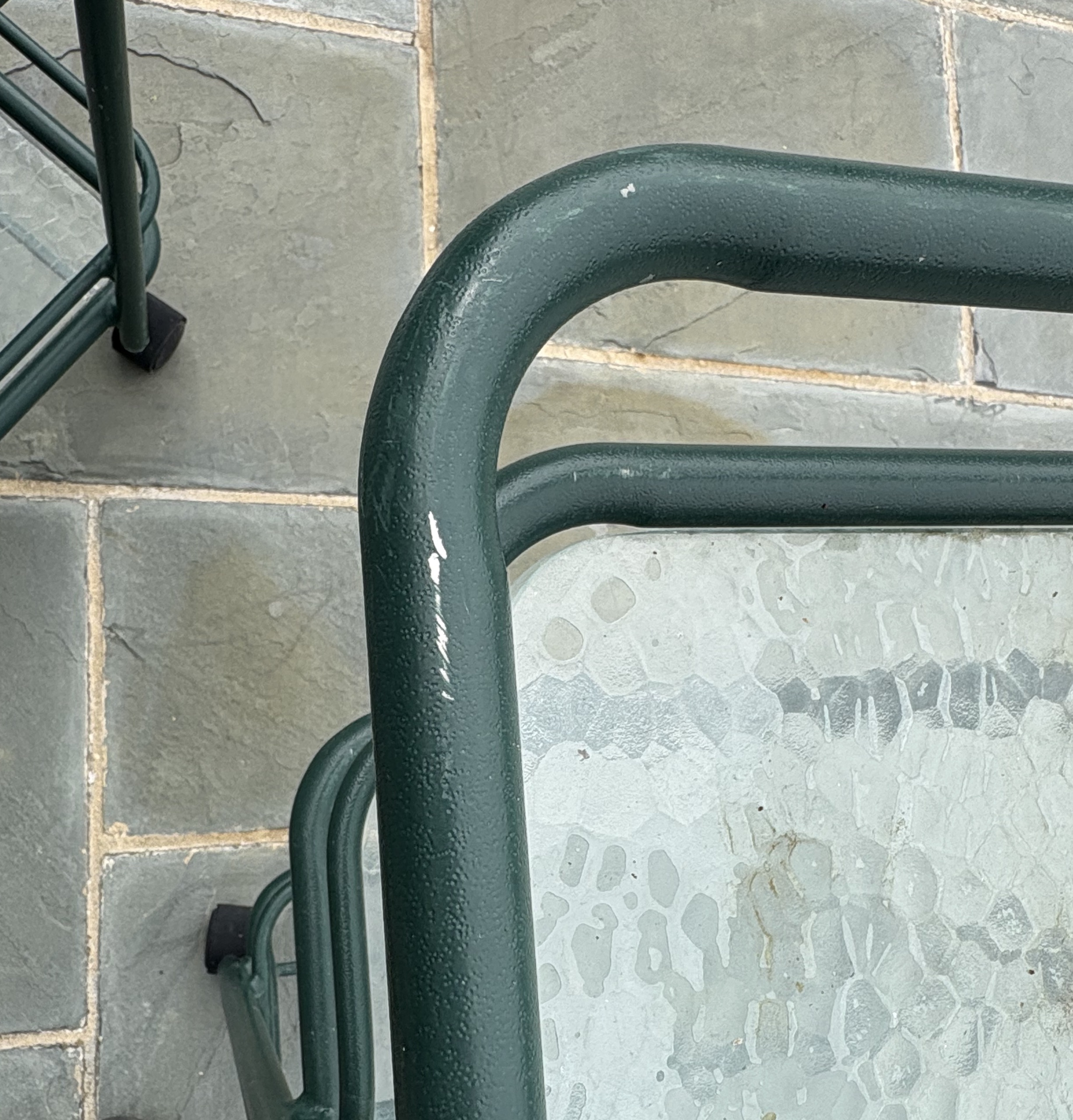 Pair of Hunter Green Tubular Metal Serving Carts with Textured Glass Shelves