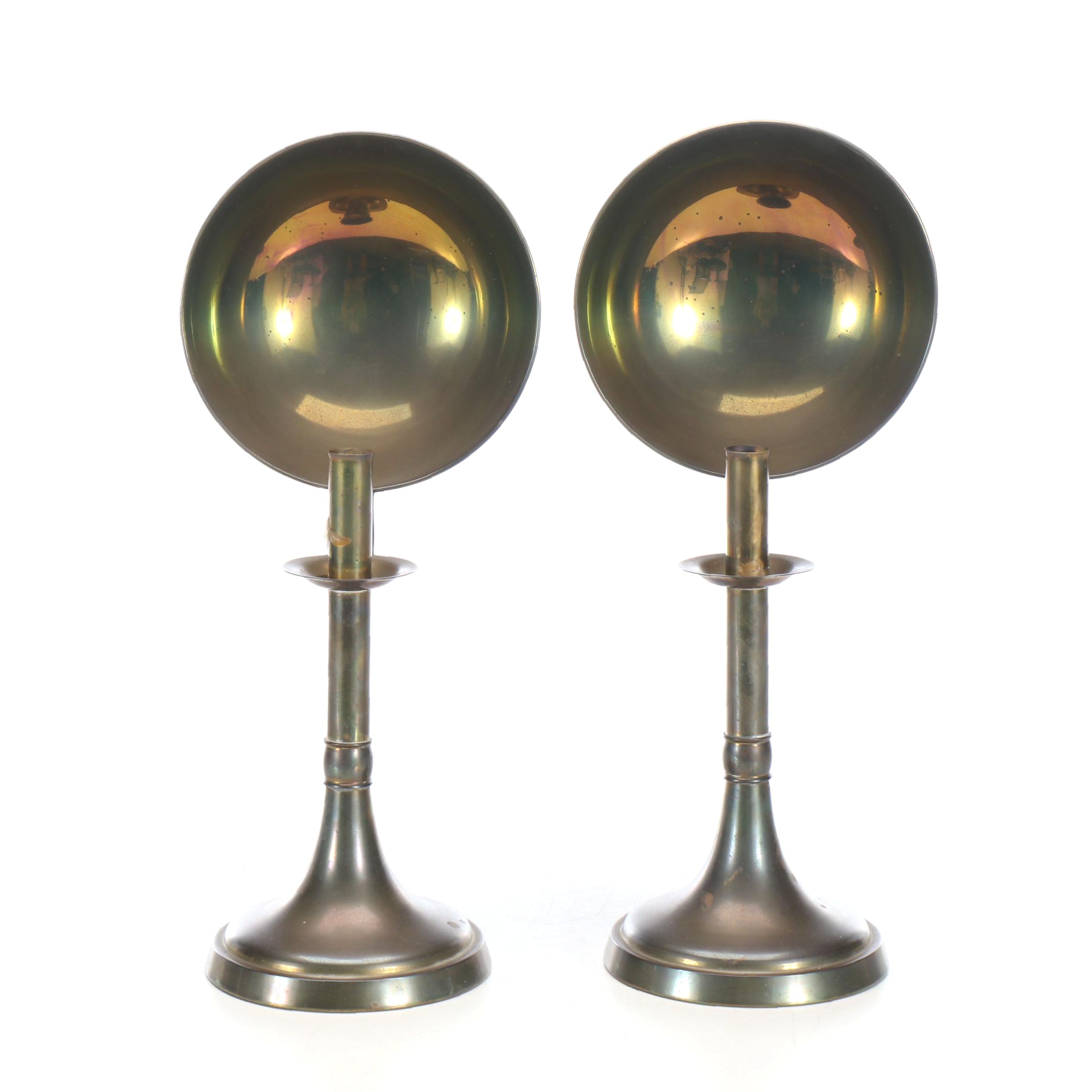 Brass Reflector Candlestick Pair, Vintage