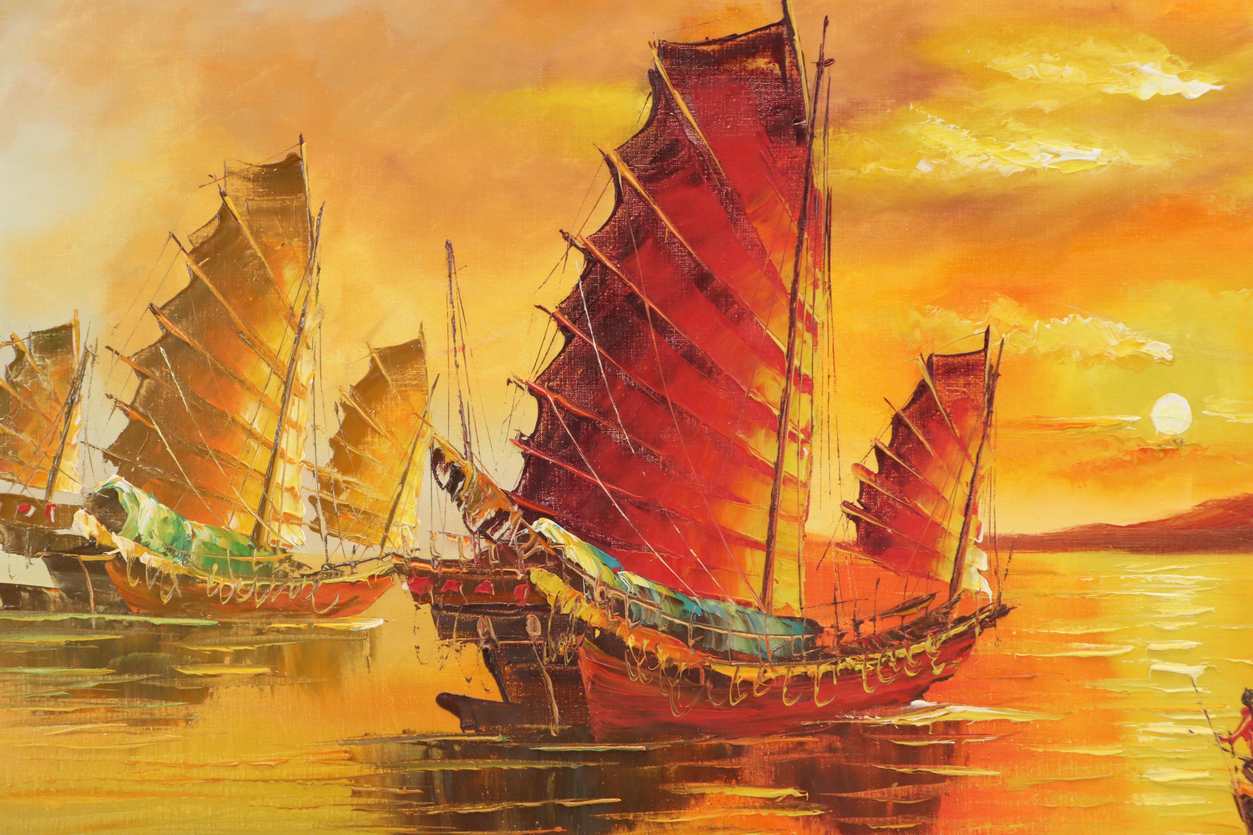 Kam Hoi Nautical Oil Painting of Chinese Junks at Sunset, Late 20th Century
