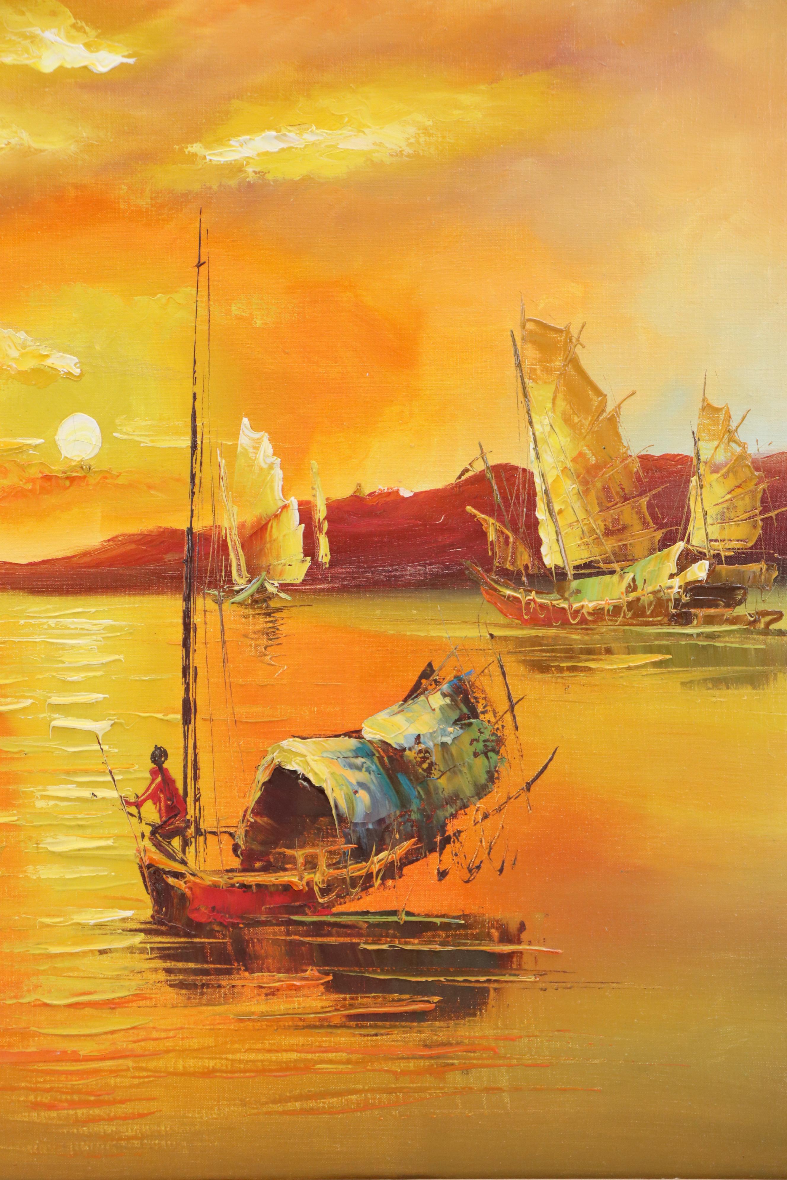 Kam Hoi Nautical Oil Painting of Chinese Junks at Sunset, Late 20th Century