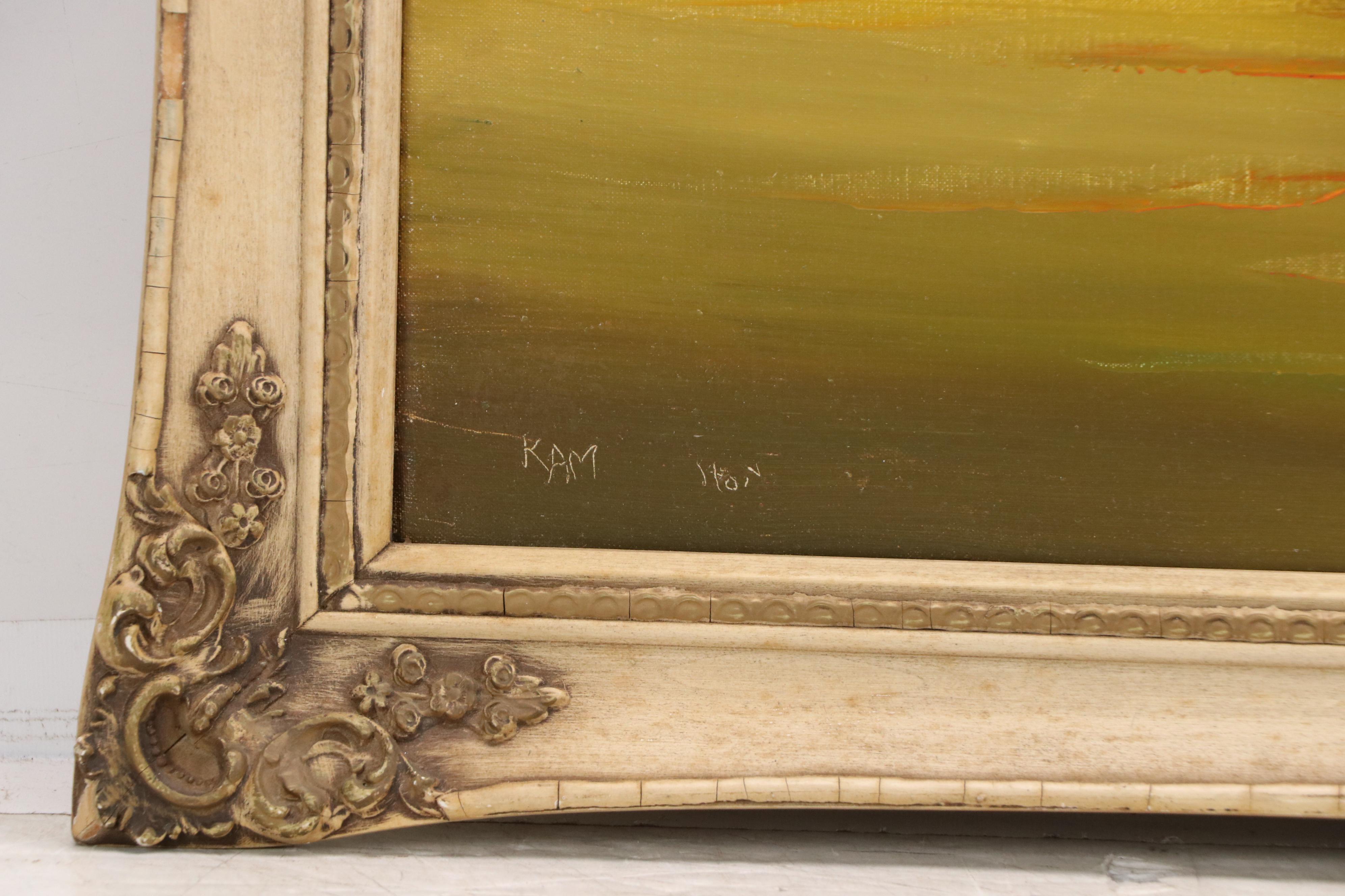 Kam Hoi Nautical Oil Painting of Chinese Junks at Sunset, Late 20th Century