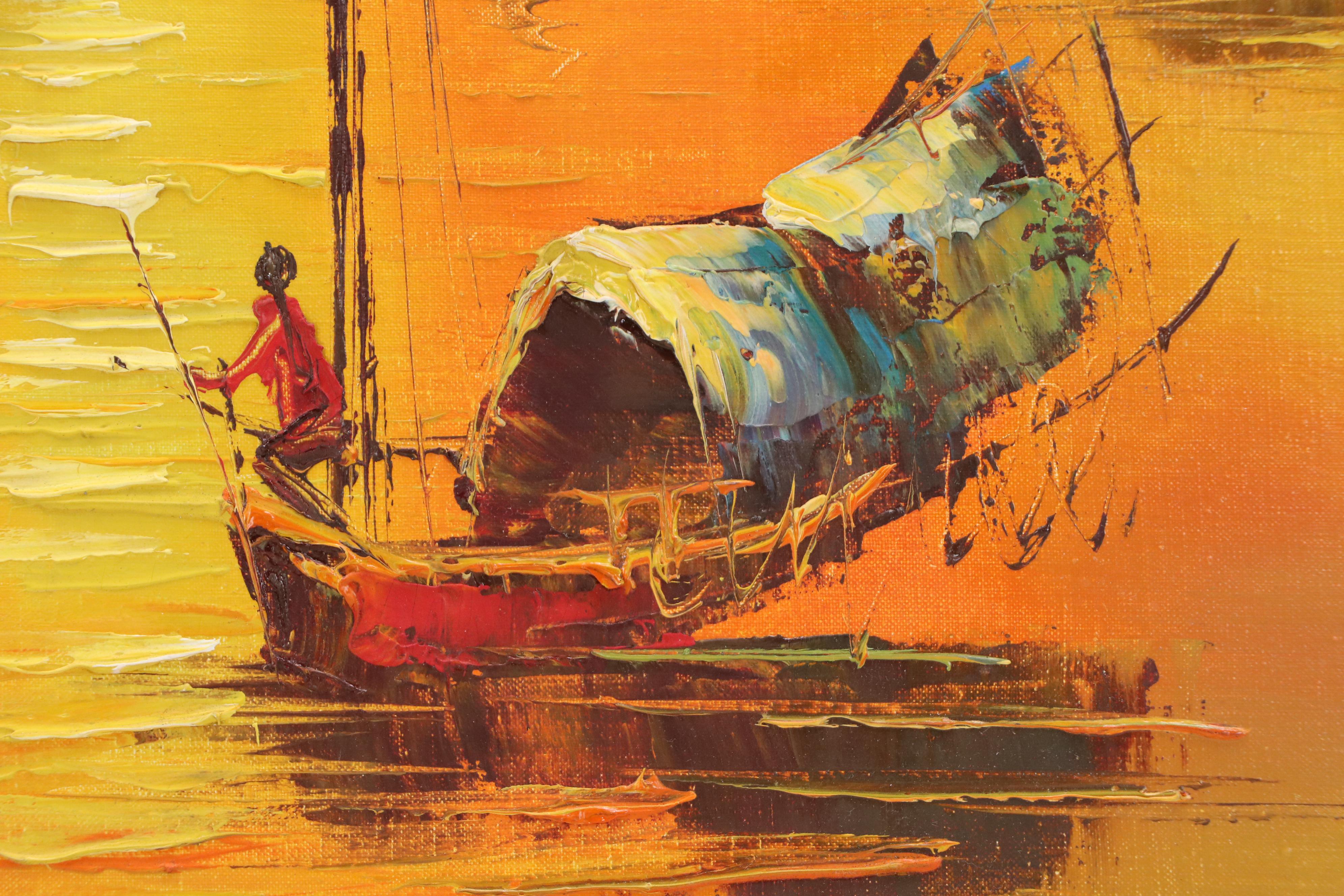 Kam Hoi Nautical Oil Painting of Chinese Junks at Sunset, Late 20th Century