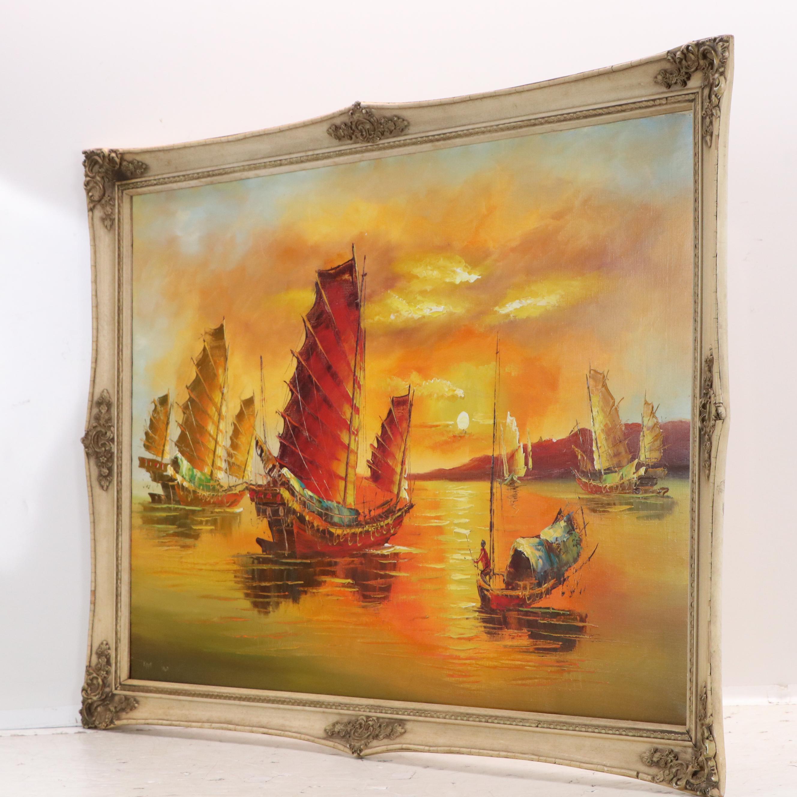 Kam Hoi Nautical Oil Painting of Chinese Junks at Sunset, Late 20th Century