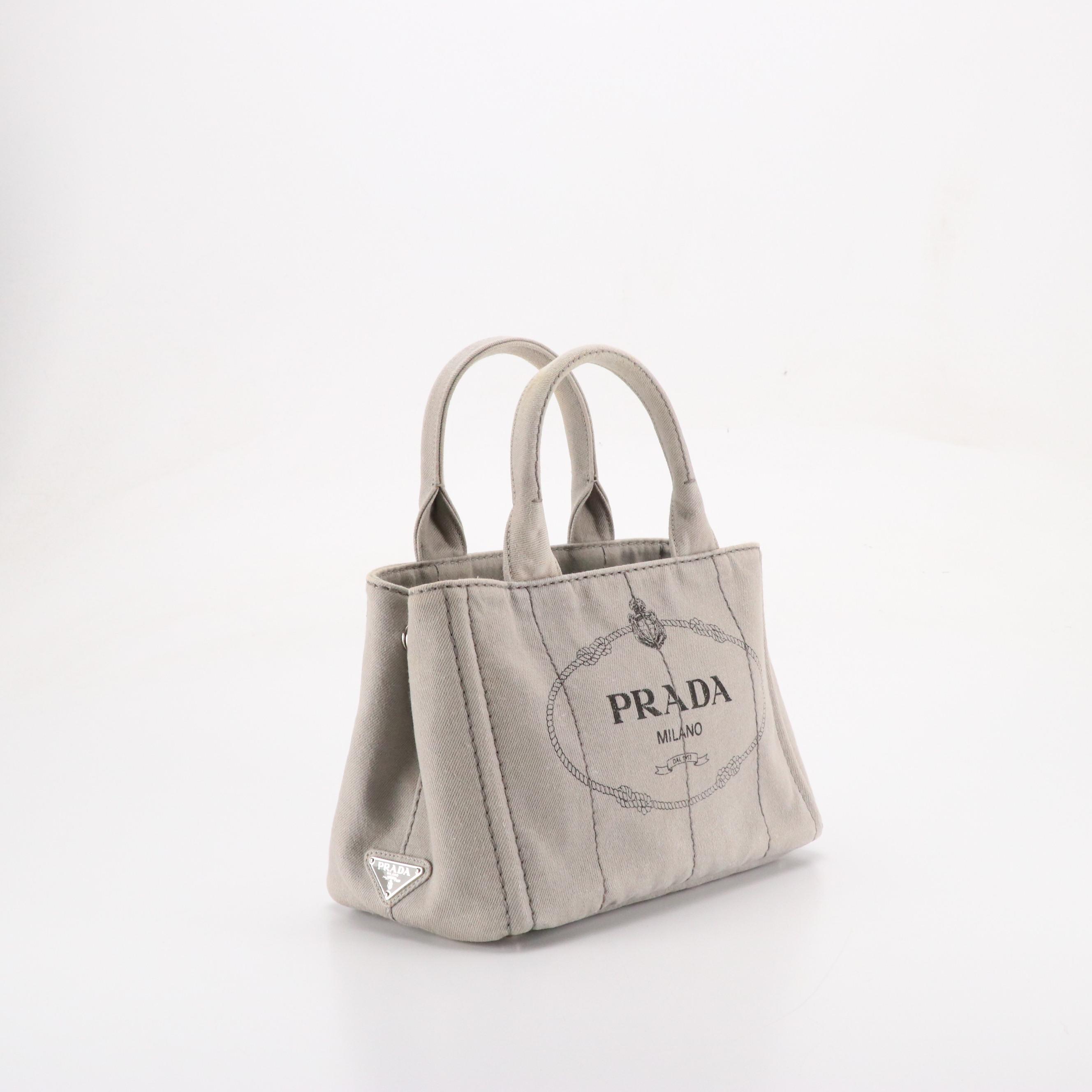 Prada Small Shopping Tote in Light Gray Canapa Logo Canvas