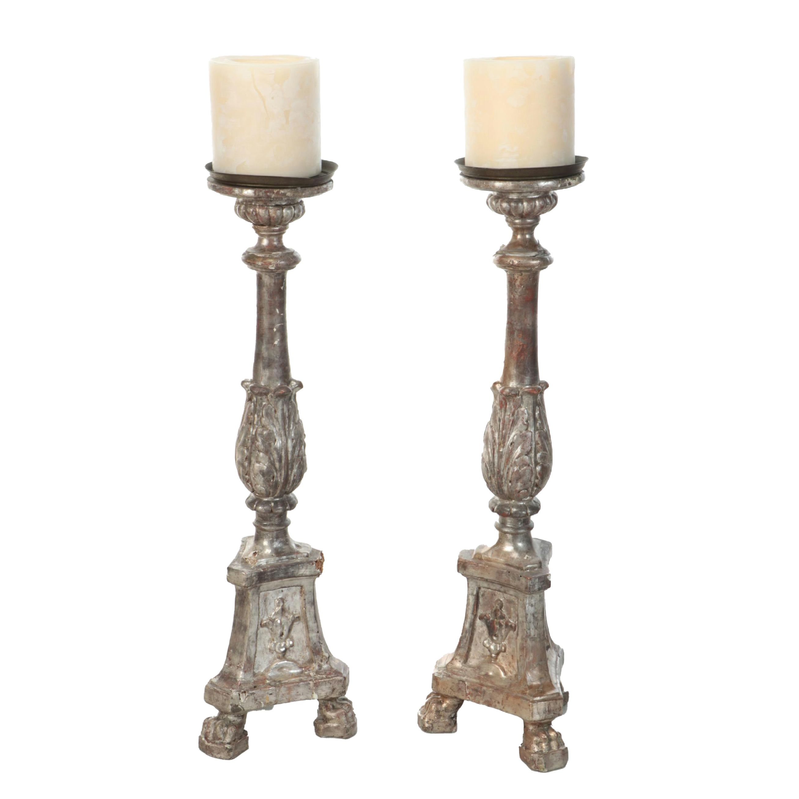 Neoclassical Style Distressed Wooden Floor Candle Holder Pair