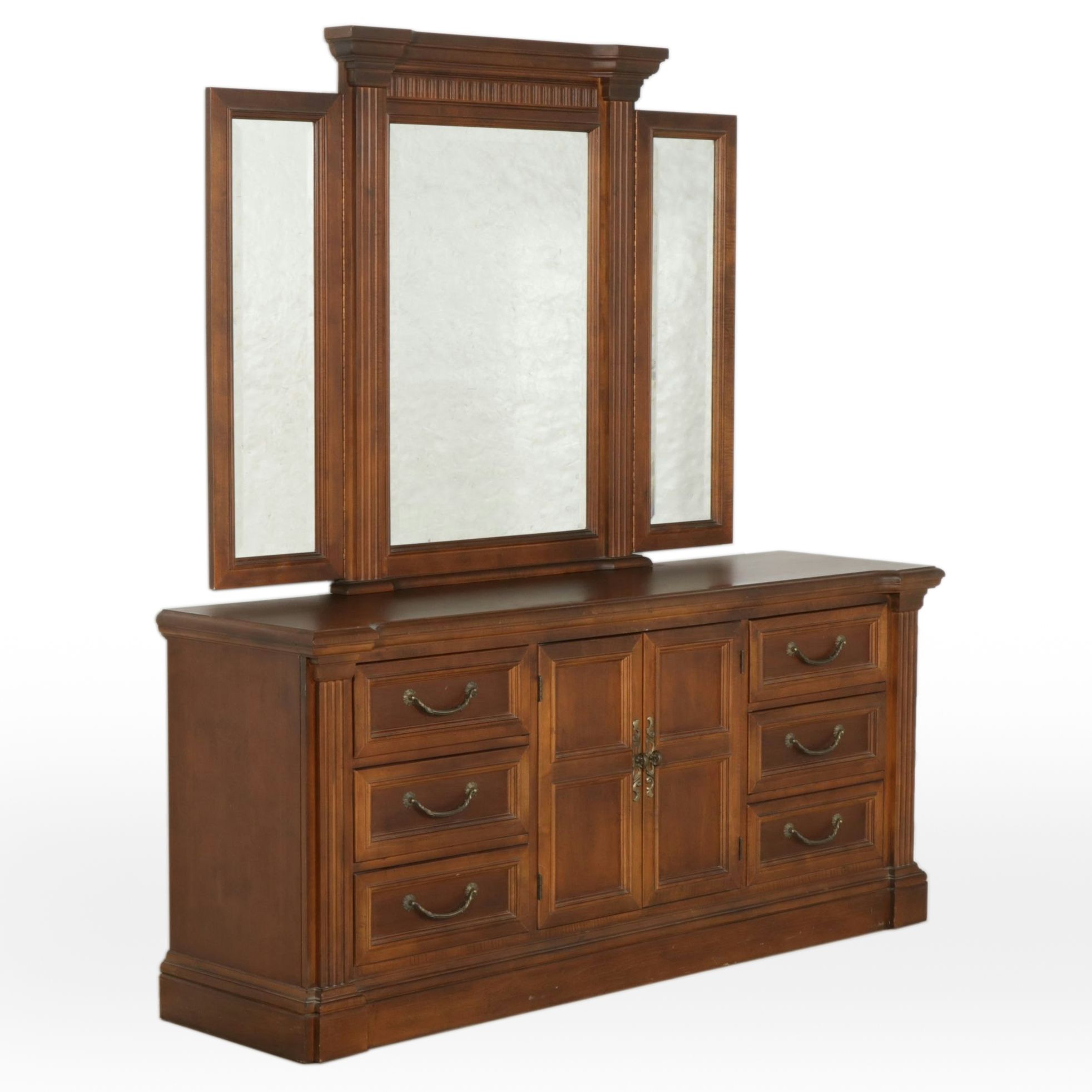 Walnut Dresser and Tri-Fold Mirror, Late 20th Century