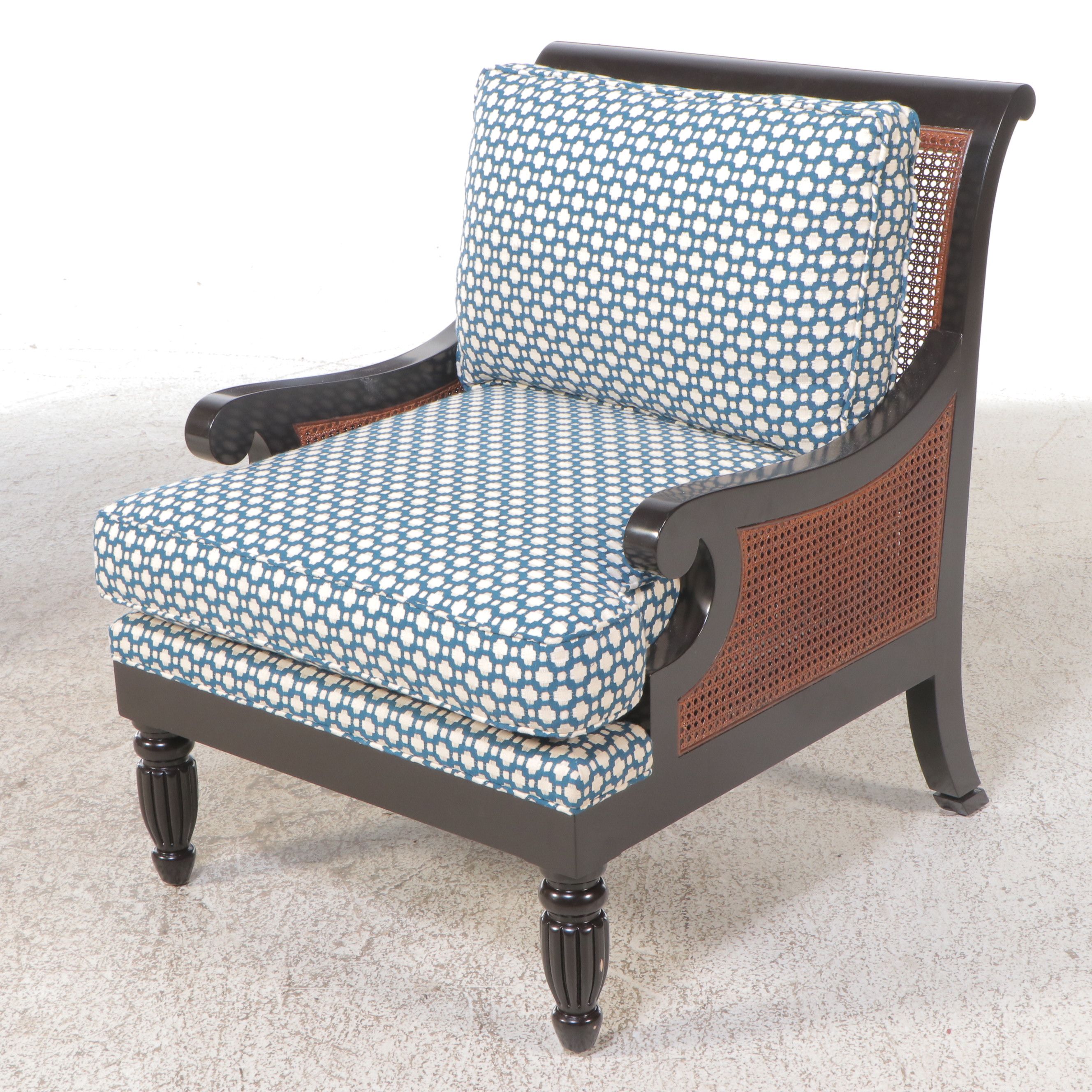 Pair of Empire Style Upholstered Ebonized Wood and Caned Armchairs