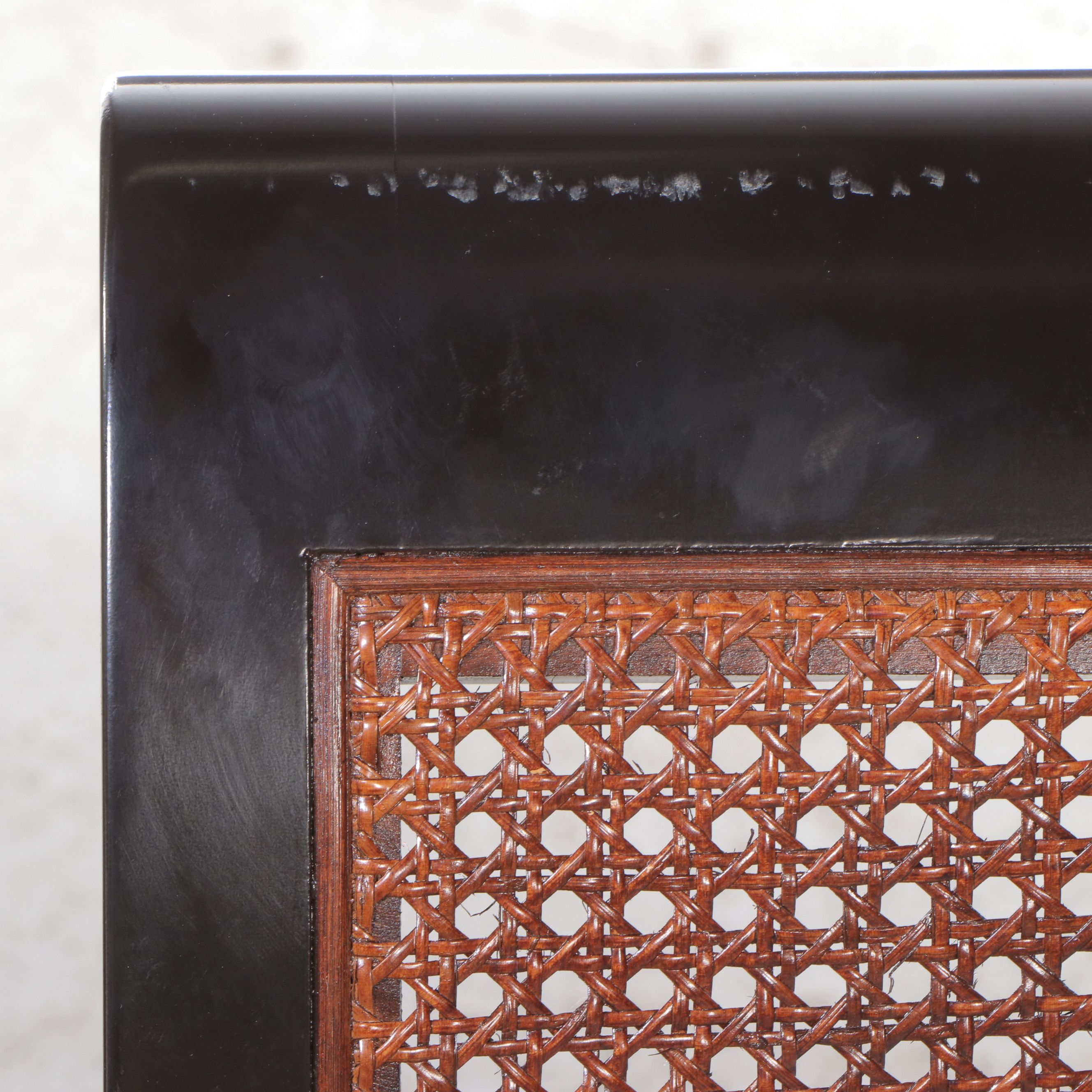 Pair of Empire Style Upholstered Ebonized Wood and Caned Armchairs