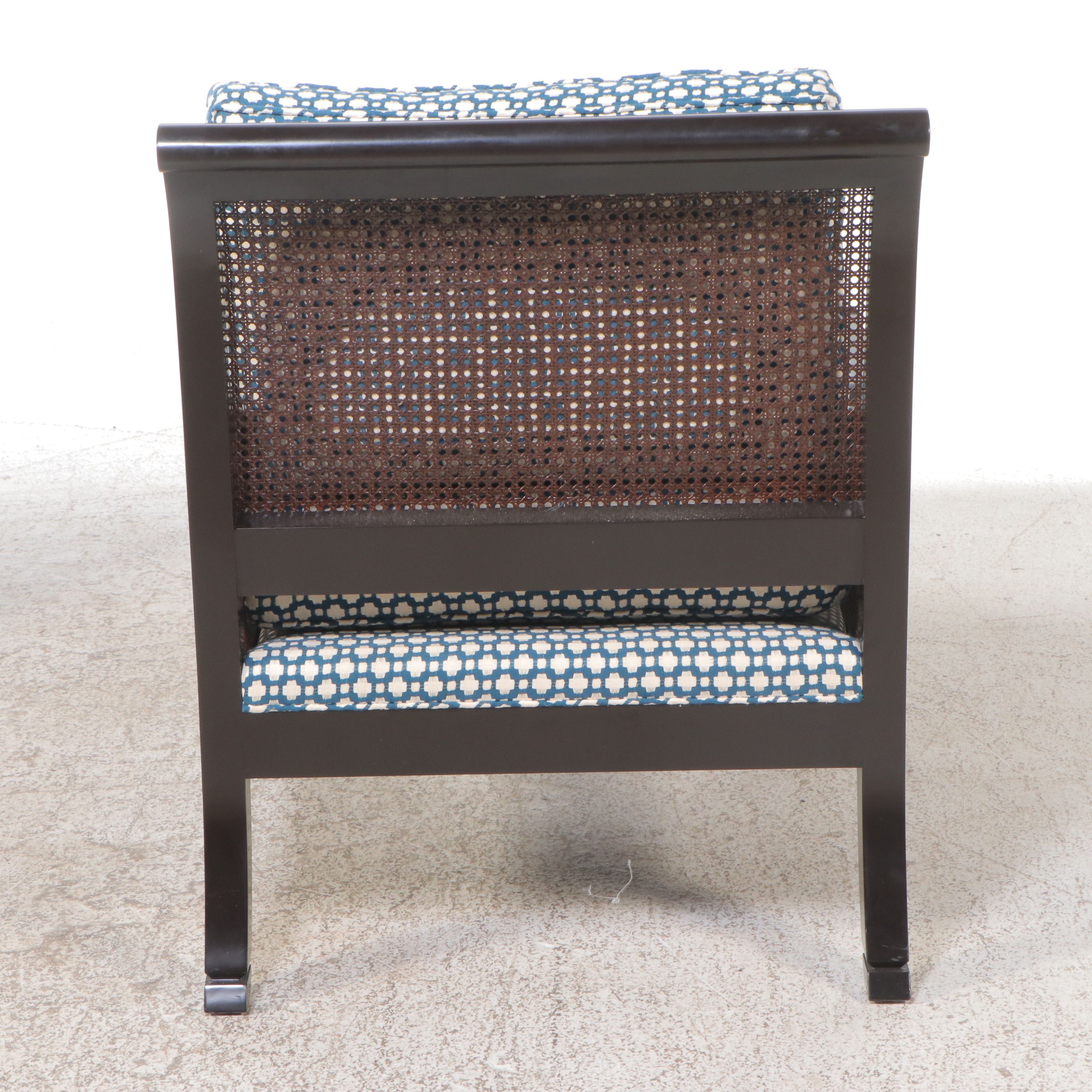 Pair of Empire Style Upholstered Ebonized Wood and Caned Armchairs