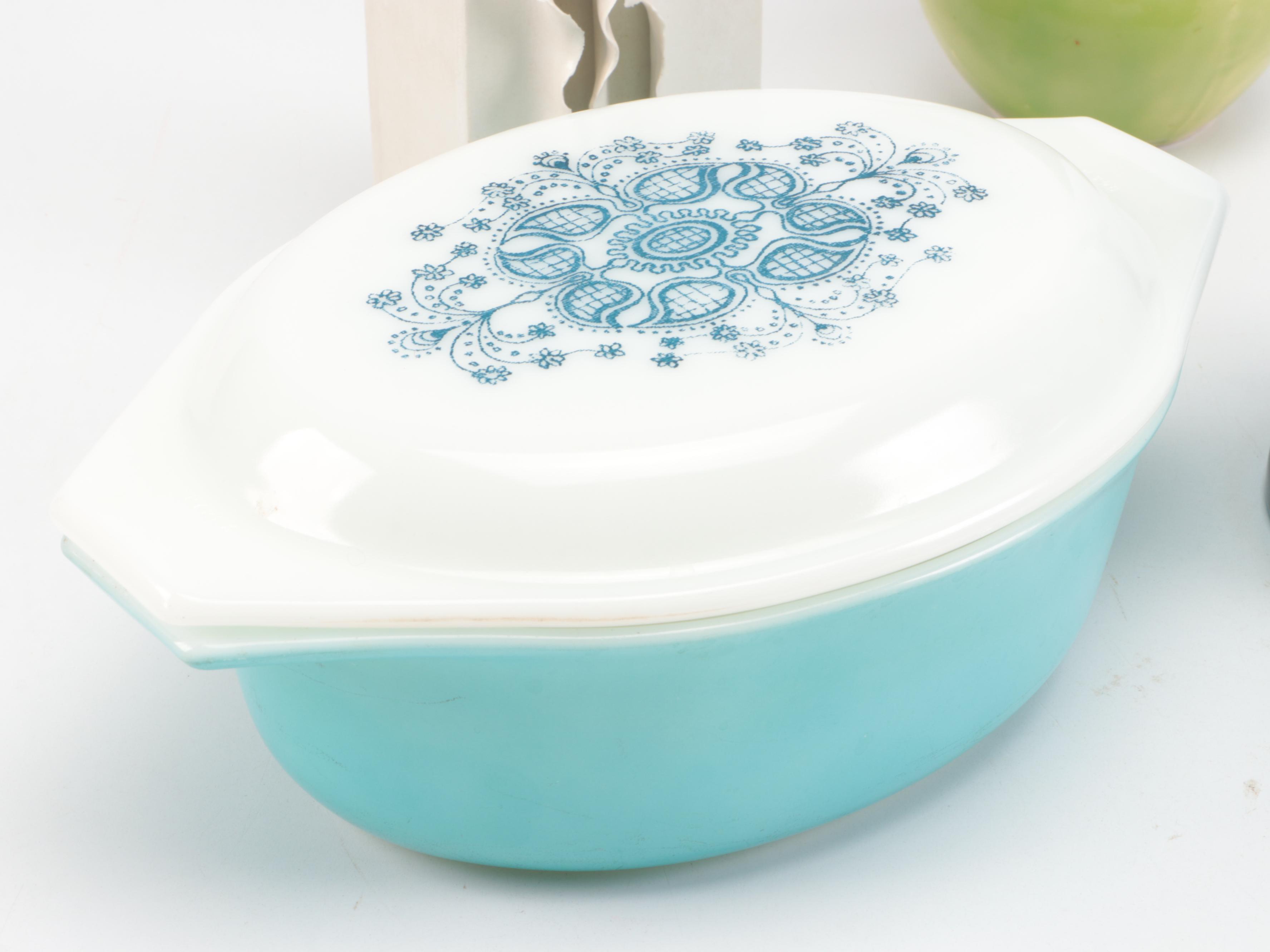 Evelyn LaMers Porcelain Vase, Pyrex "Blue Doily" Casserole with Other Vessels