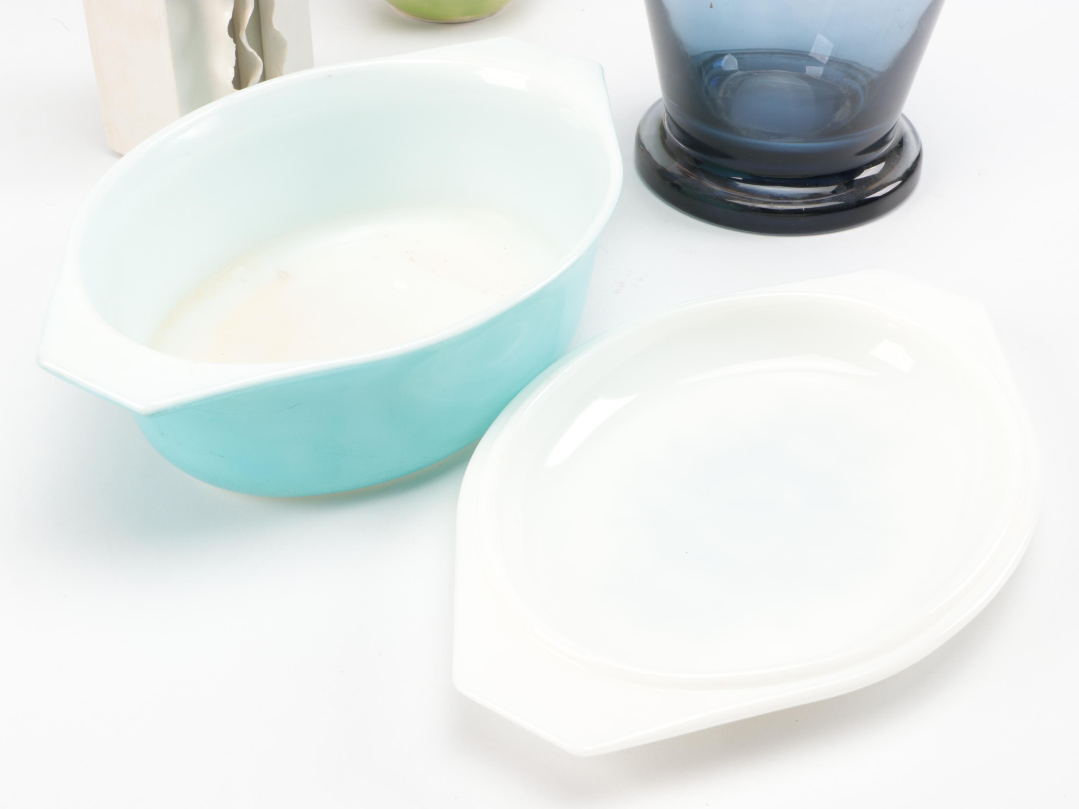 Evelyn LaMers Porcelain Vase, Pyrex "Blue Doily" Casserole with Other Vessels