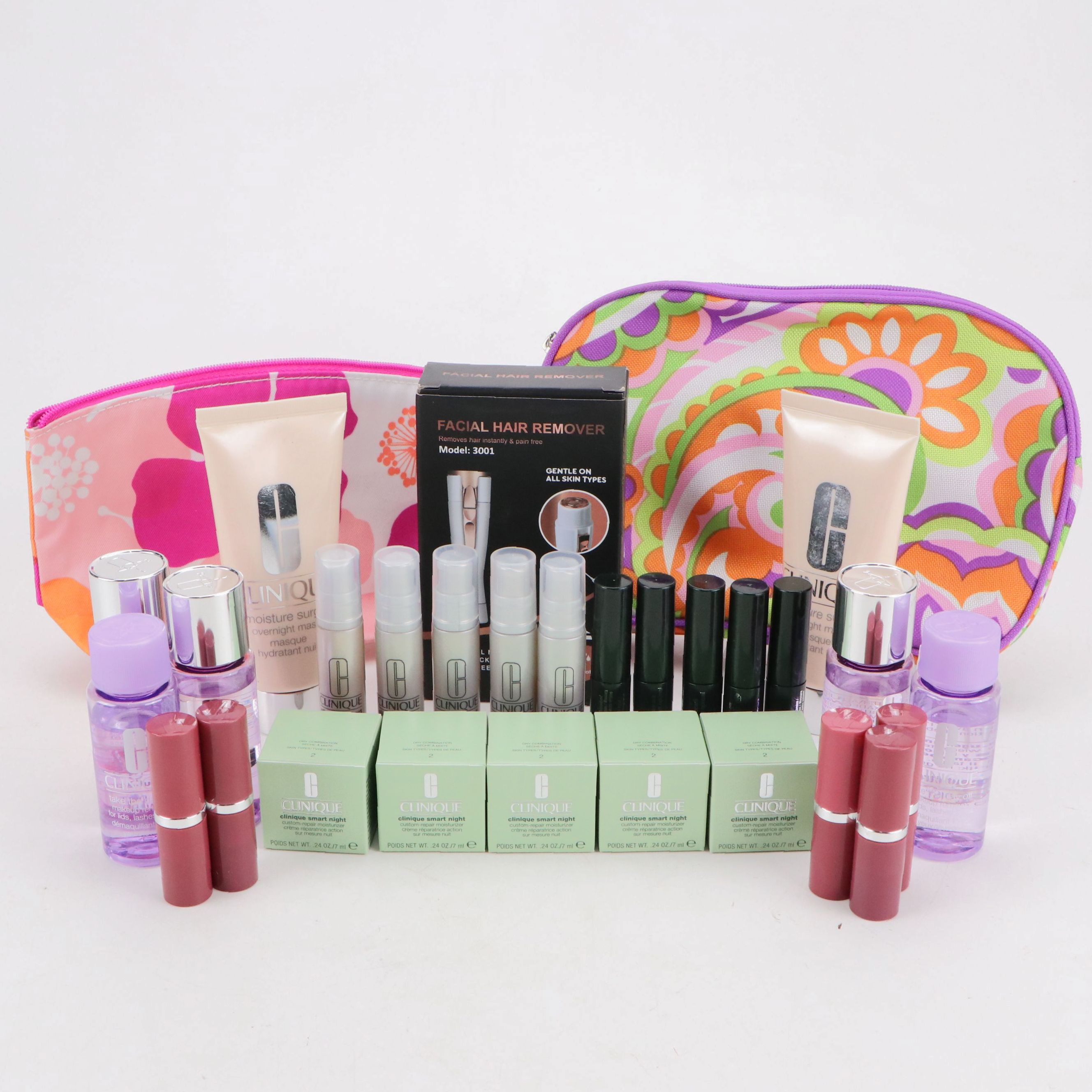 Clinique Floral Makeup Bags, Makeup & Skincare Samples with Facial Hair Remover