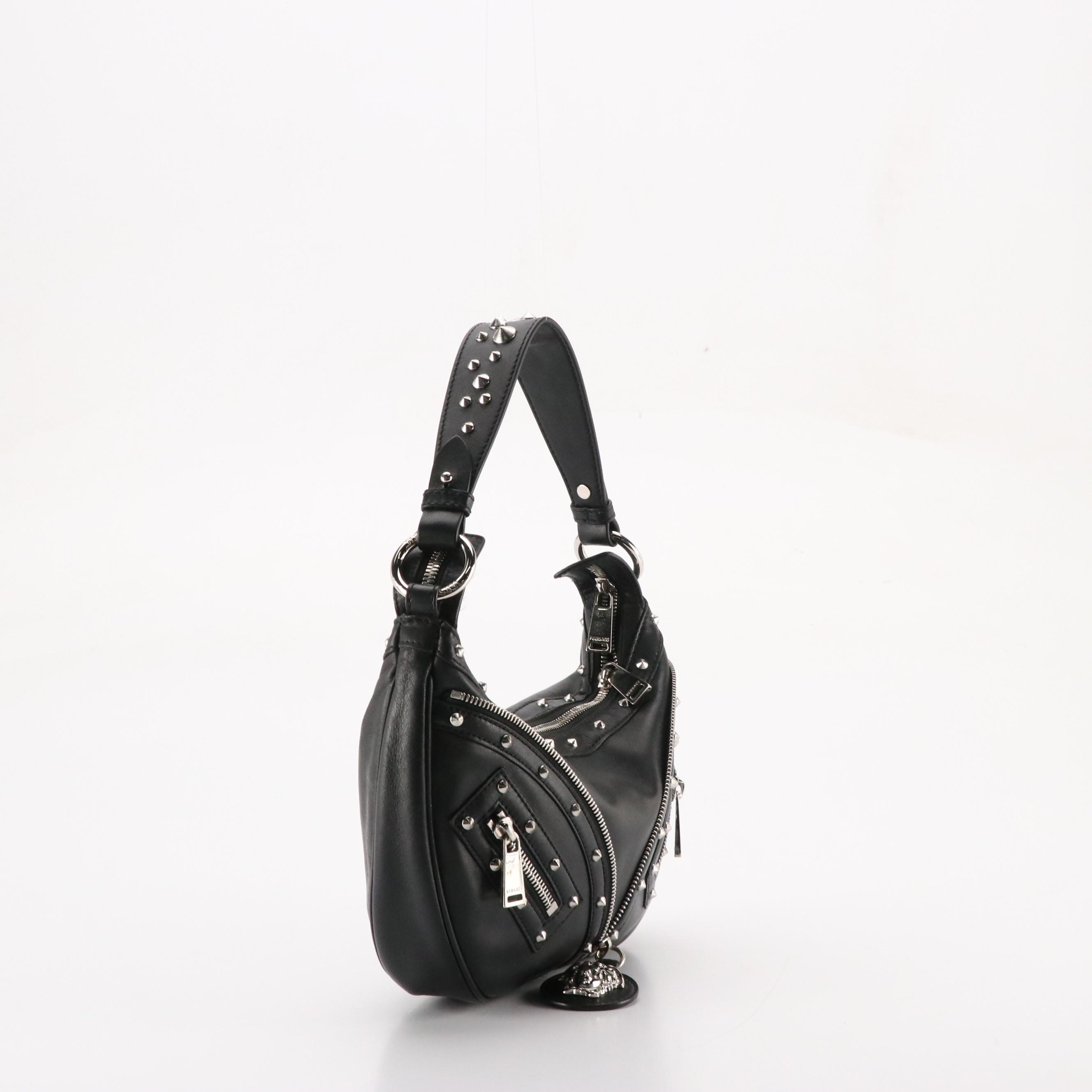 Versace Studded Medusa Zip Two-Way Bag in Black Calfskin Leather