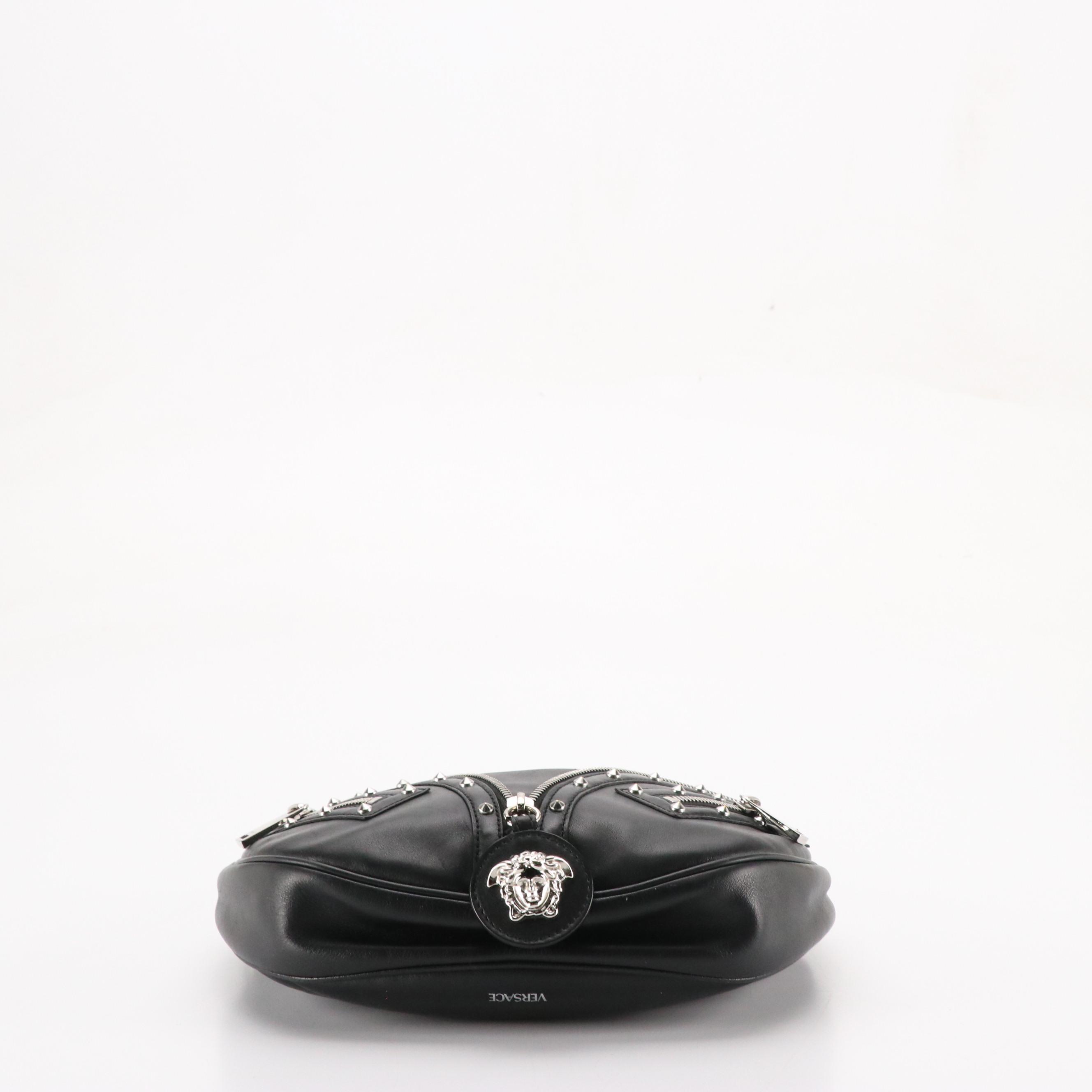 Versace Studded Medusa Zip Two-Way Bag in Black Calfskin Leather