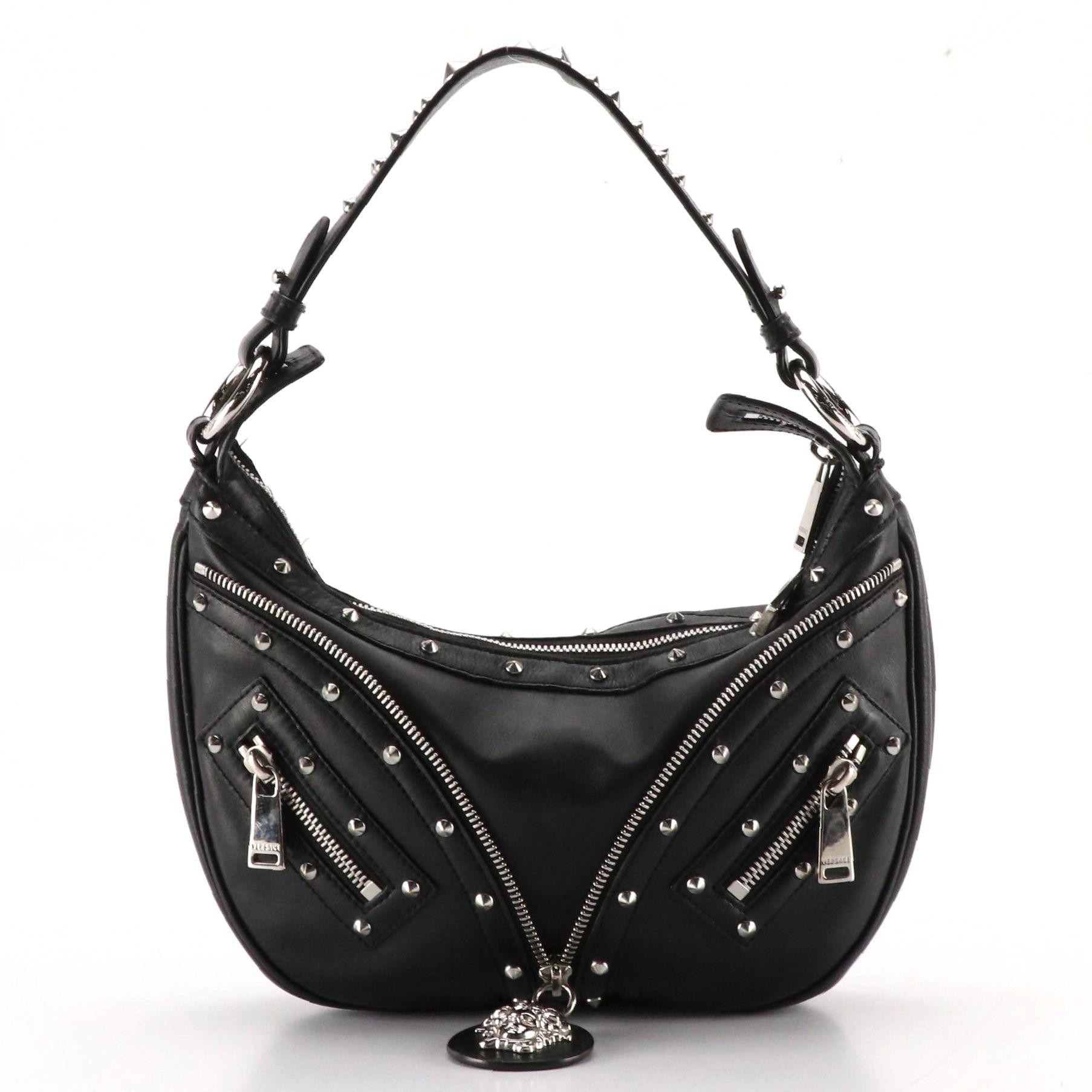 Versace Studded Medusa Zip Two-Way Bag in Black Calfskin Leather