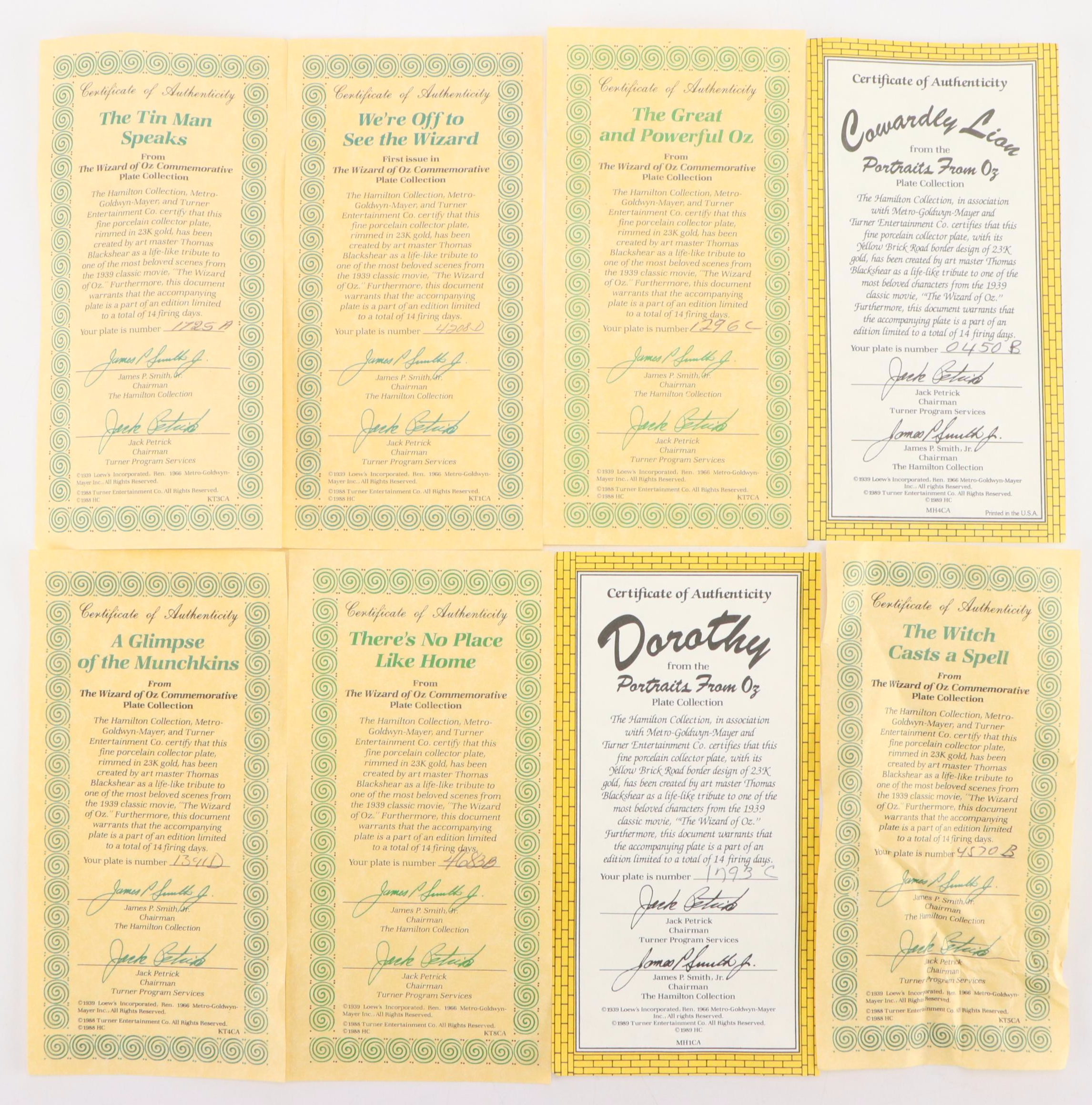 Eight "Wizard of Oz" Collector Plates from MGM and The Hamilton Collection