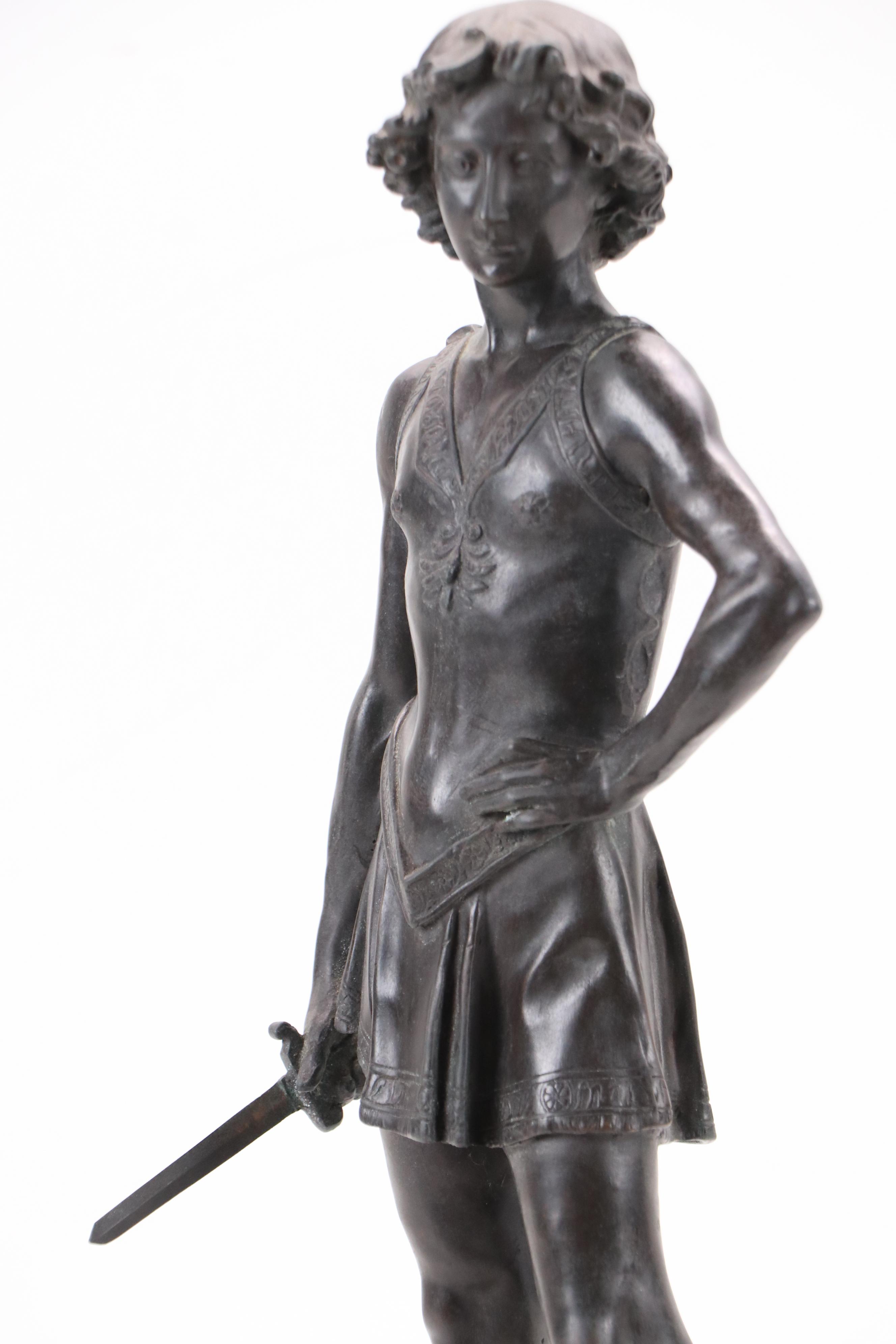 After Andrea del Verrocchio "David" Patinated Cast Bronze Sculpture