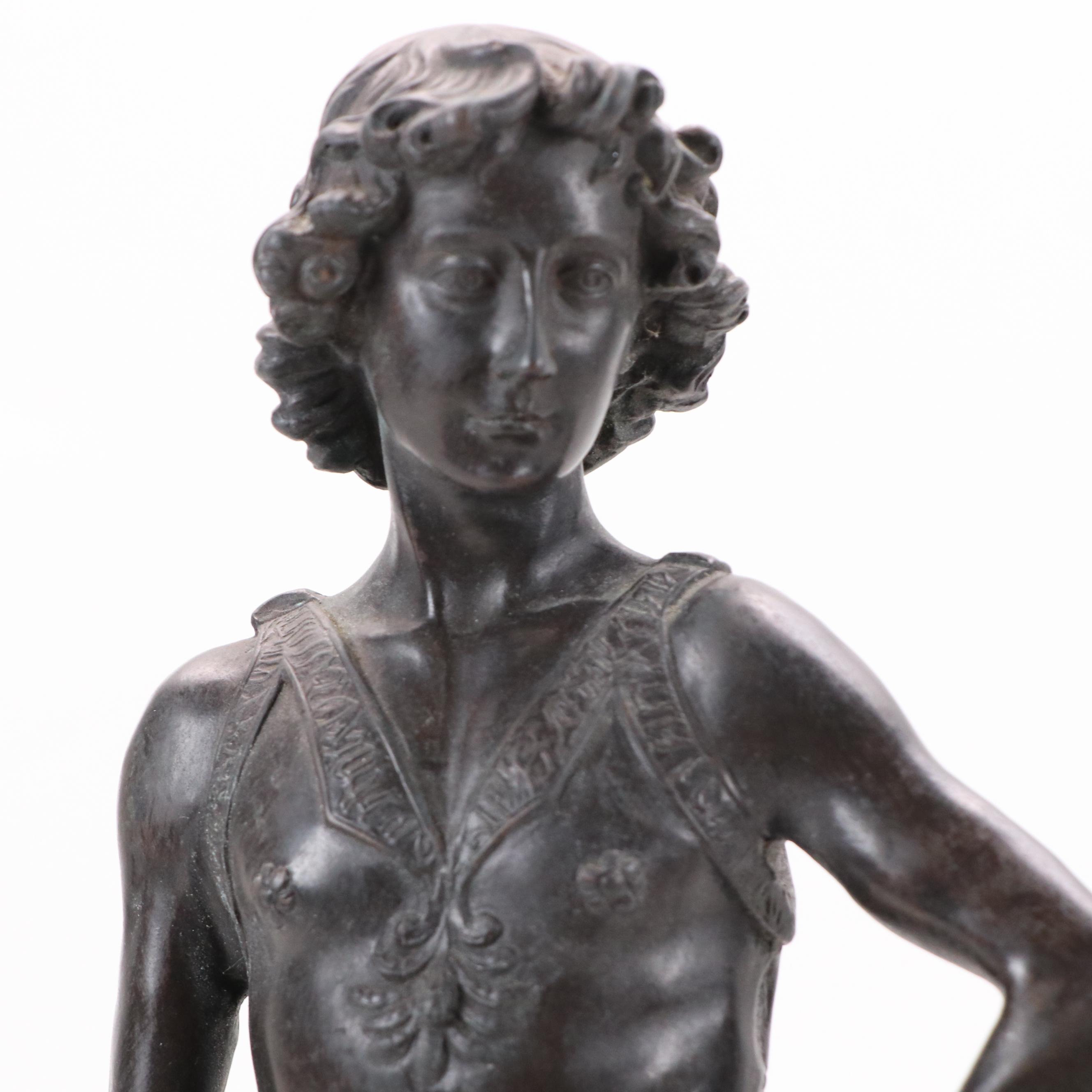 After Andrea del Verrocchio "David" Patinated Cast Bronze Sculpture