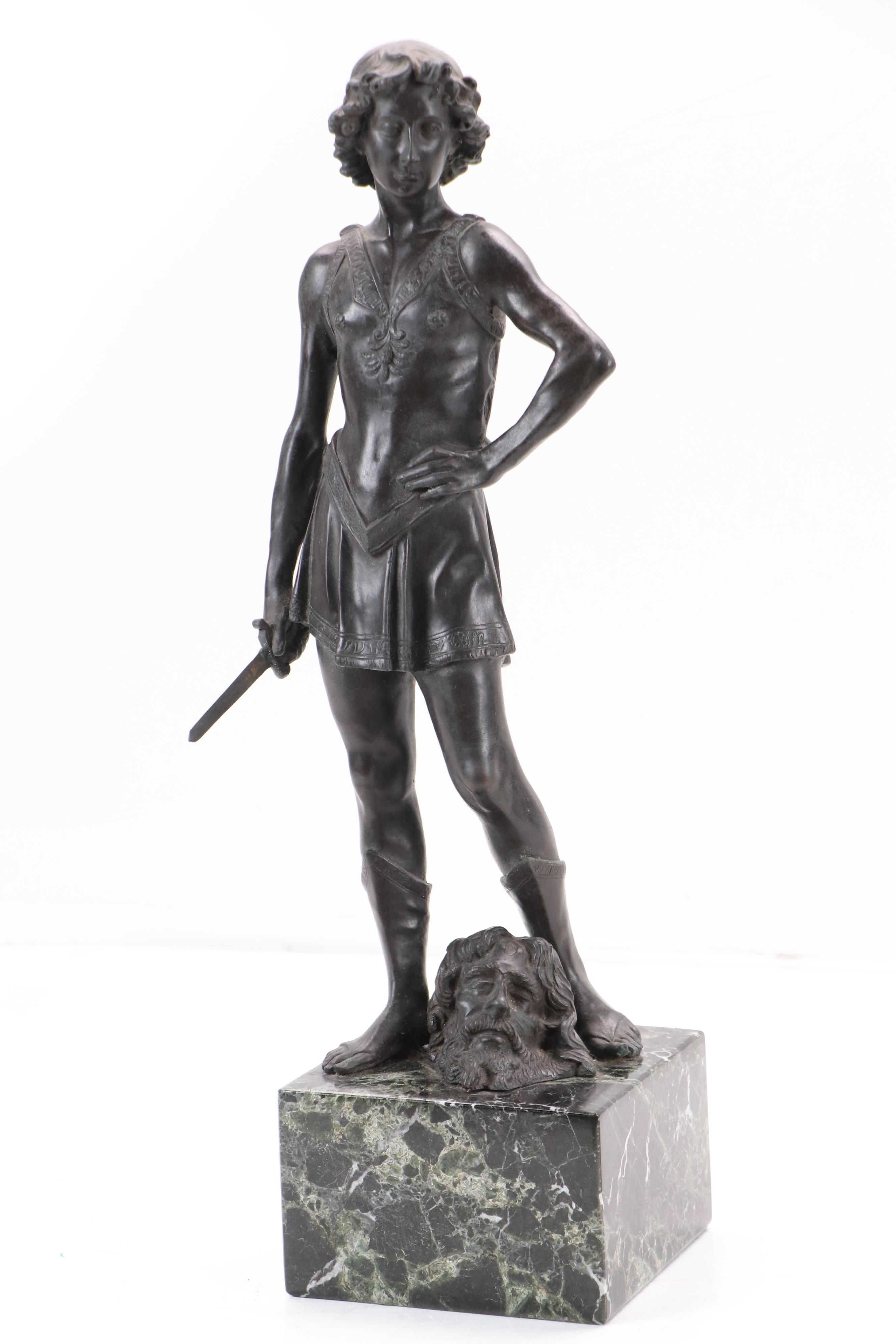 After Andrea del Verrocchio "David" Patinated Cast Bronze Sculpture